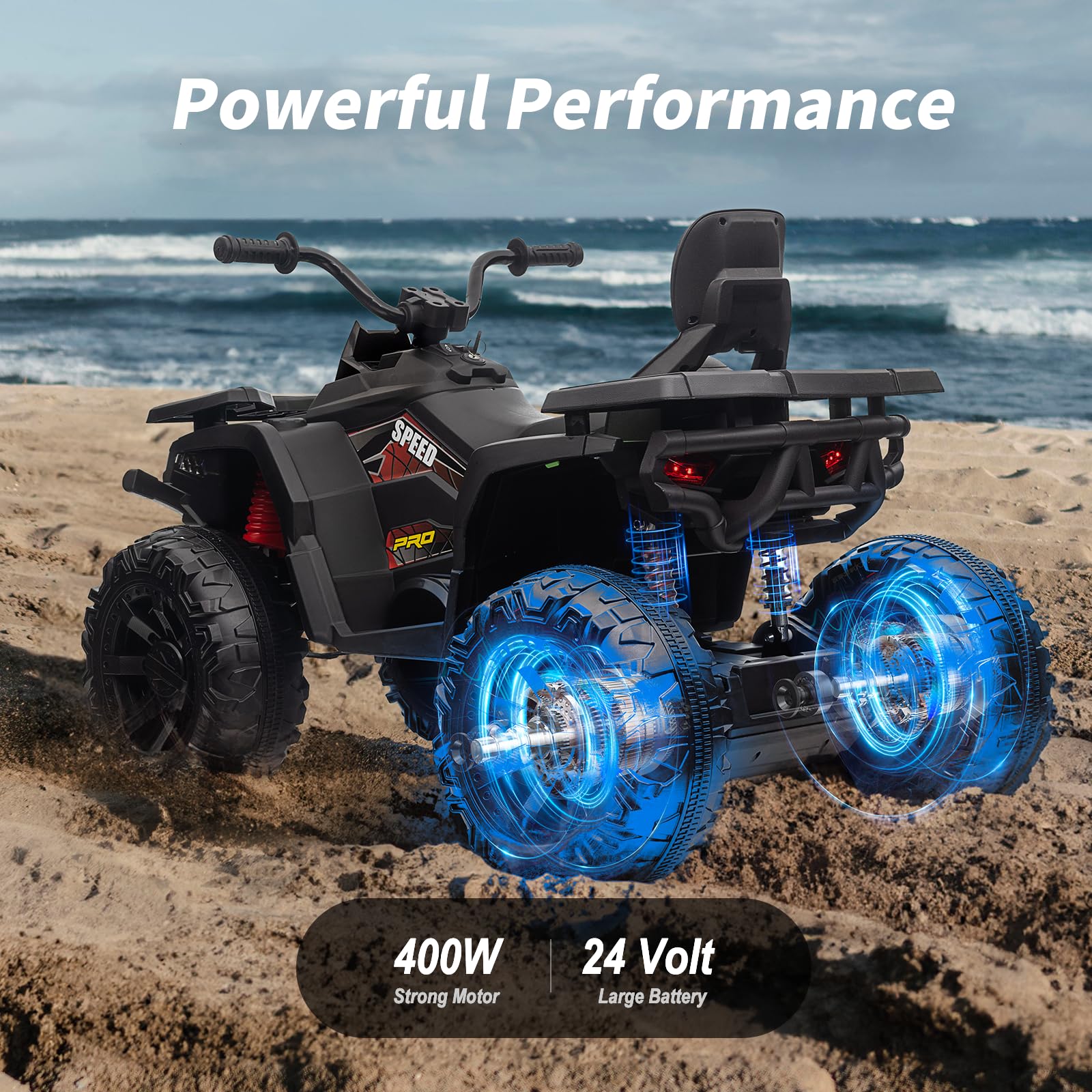 24V Kids ATV 4 Wheeler - 400W Motor Electric Ride On Toy Car for Big Kids, 2 Seater Black - Perfect for Outdoor Play, Backyard Adventures & Off-Road Fun