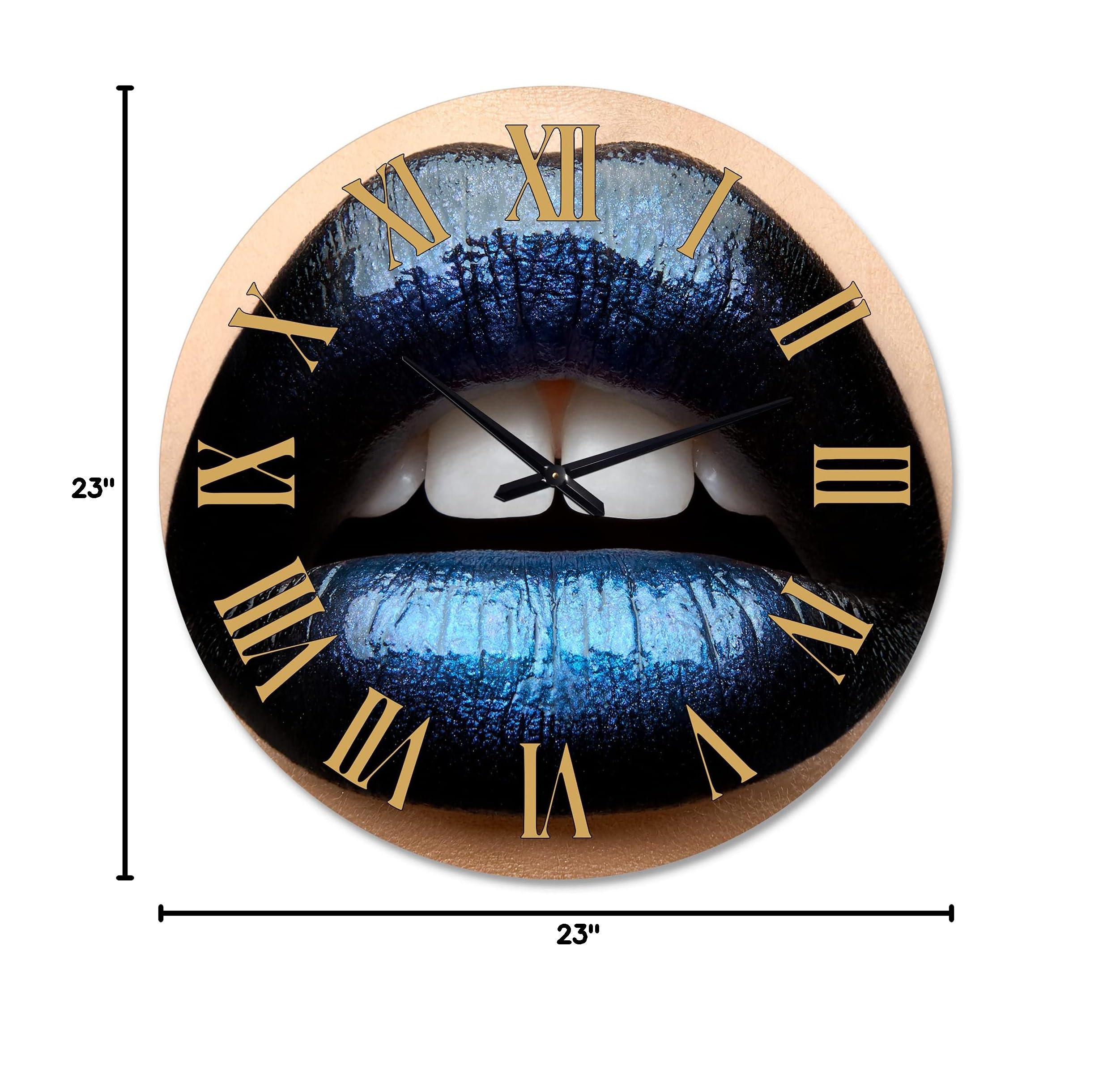 DesignQ Modern Wall Clock - Stylish 'Woman Lips with Black & Blue Lipstick' Art Decor - Large Silent Non-Ticking Clock for Office, Living Room & Bedroom Decor