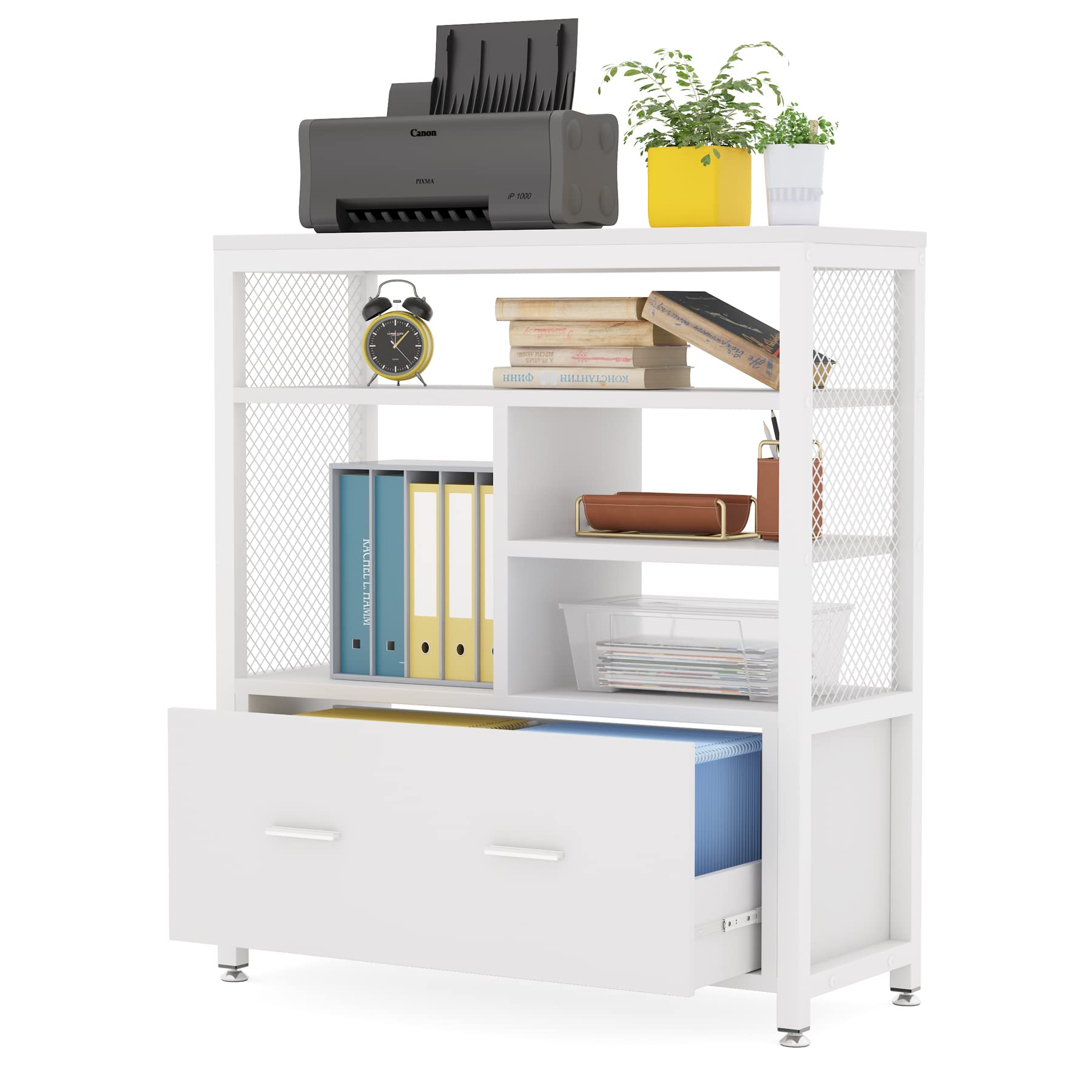 Wooden Lateral File Cabinet with Drawers - Letter Size Office Storage Cabinet, Large Printer Stand with Open Shelves for Home & Office Organization (White) - Perfect for Document Storage, Printer Placement & Office Supplies Organization