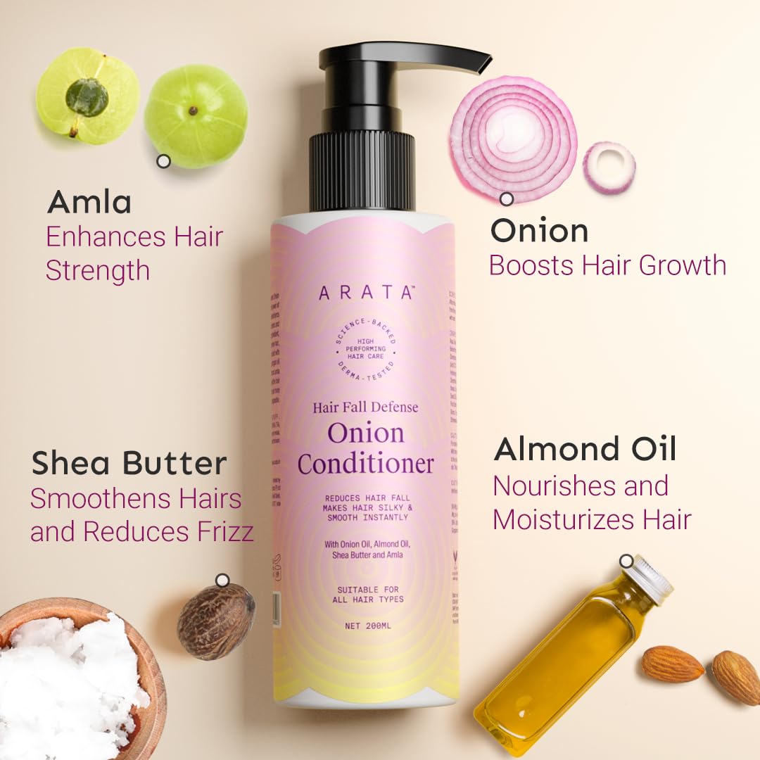 Arata Hair Fall Defense Onion Conditioner 200ml - Strengthens & Smooths Hair Instantly with Onion Oil, Almond Oil, Shea Butter & Amla - 1 Count - Perfect for Daily Hair Care & Damage Repair