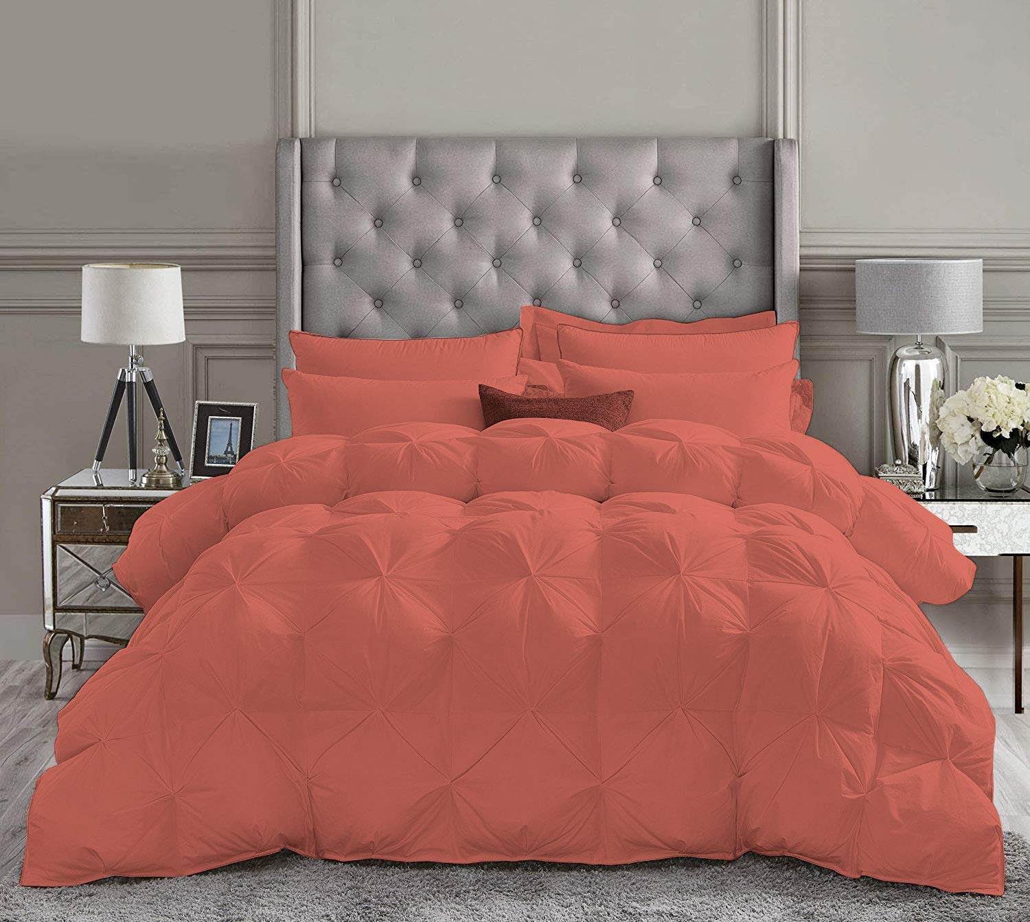 Pinch Pleated 100% Cotton Comforter - Lightweight All Season Down Alternative Bedding | Soft Quilted Cooling Comforter for Warm Weather & Hot Sleepers | Full/Queen Size Brick Red | Perfect for Summer Nights & Guest Bedrooms