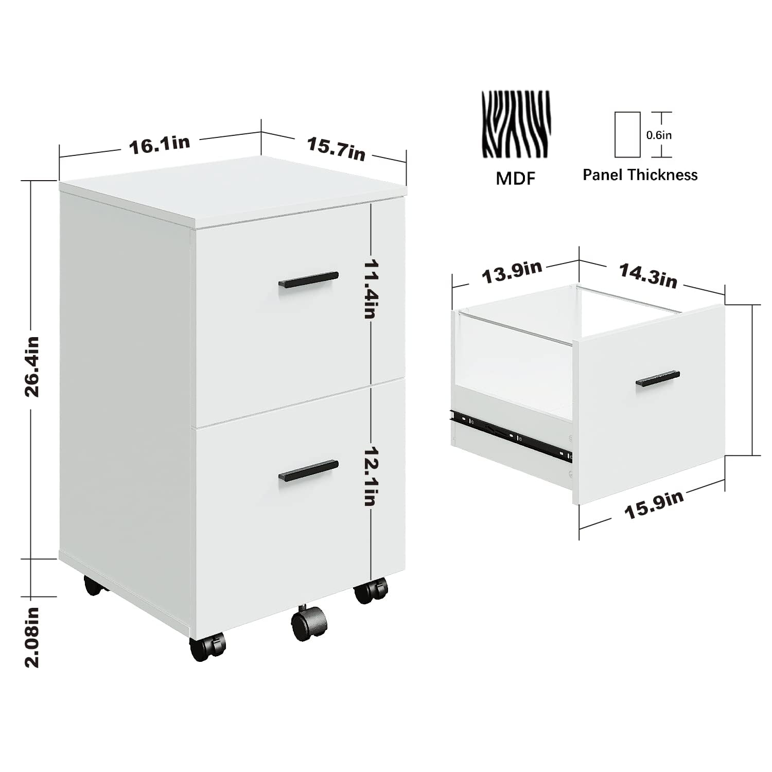 Panana 2-Drawer Wooden Mobile File Cabinet with Wheels - Rolling Storage Organizer for Letter & A4 Files - Home Office Desk Organizer (White) | Perfect for Small Spaces, Office Storage & Document Organization
