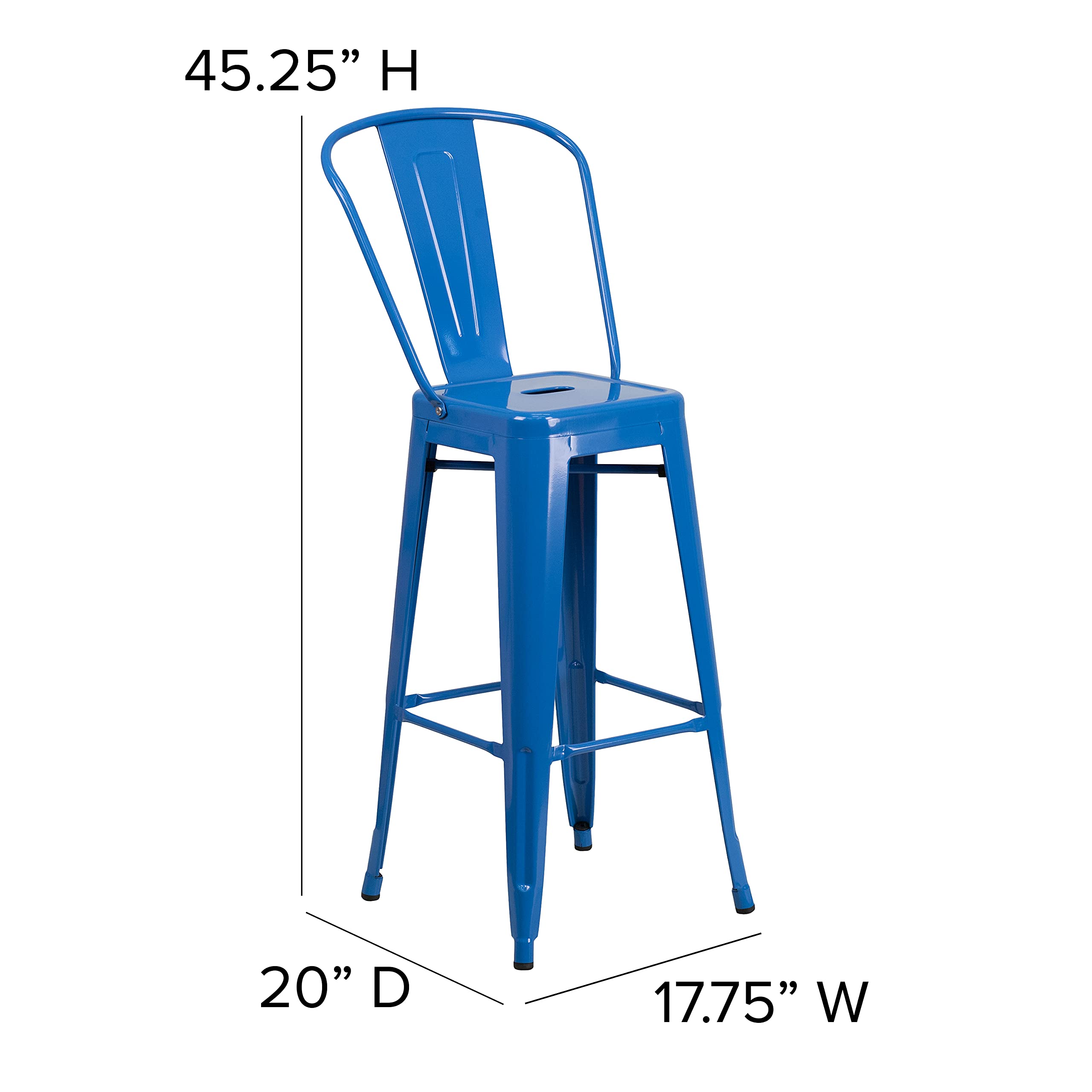 EMMA + OLIVER 30 Inch Commercial Grade Blue Metal Bar Stool with Back - Heavy Duty Indoor Outdoor Counter Height Stool for Kitchen Island, Bar, Restaurant & Patio