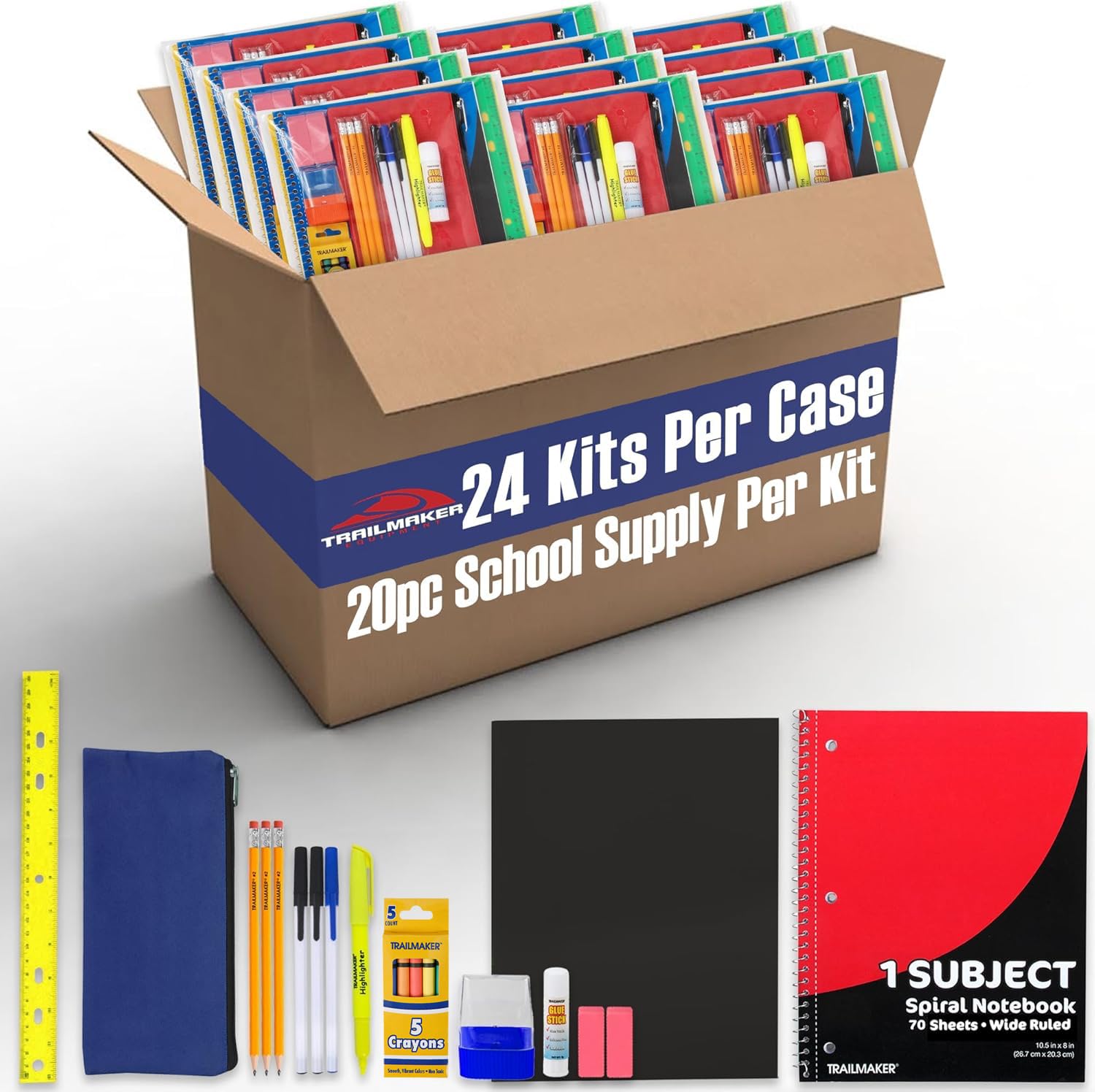 24 Pack Bulk Back to School Supplies for Kids - 20 Piece School Supply Kits for Kindergarten, Elementary & K-12 Students | Includes Notebook, Crayons, Pencils & More | Perfect for Classroom, Homeschooling & First Day of School