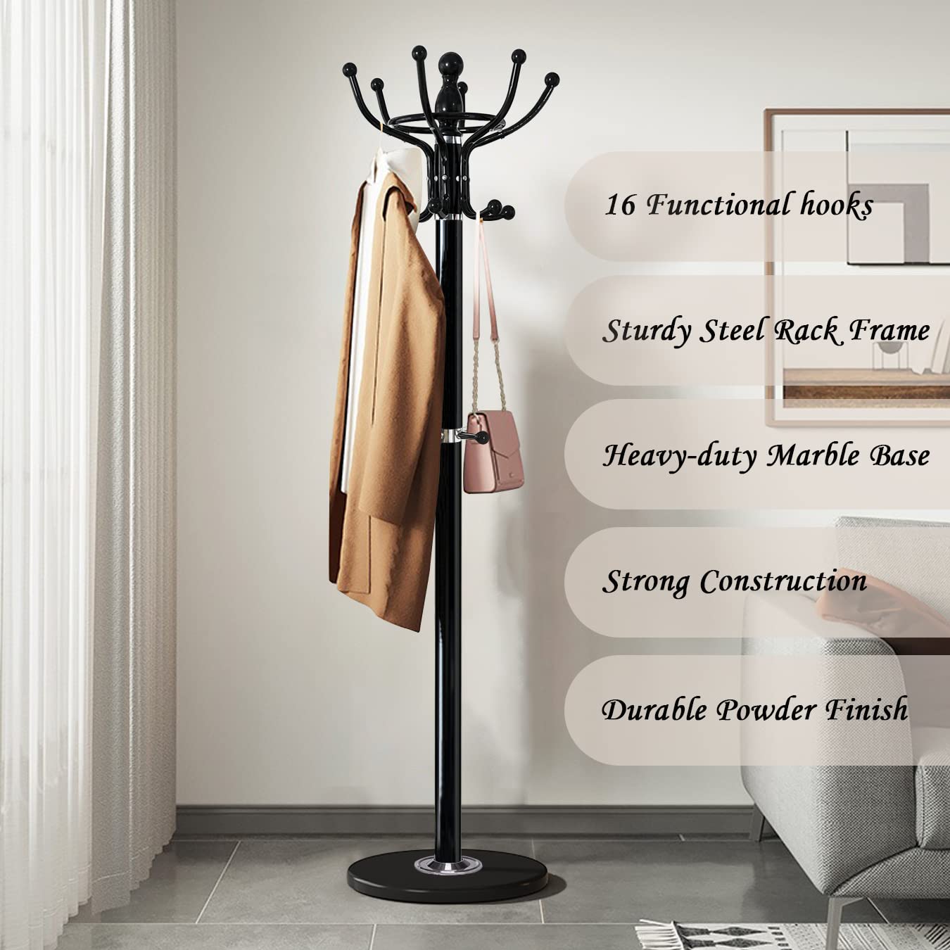 Kertnic 16-Hook Freestanding Coat Rack with Natural Marble Base - Entryway Hall Tree for Jackets, Hats, Purses & Scarves | Easy Assembly Black Coat Hanger Stand for Home, Office & Mudroom Organization