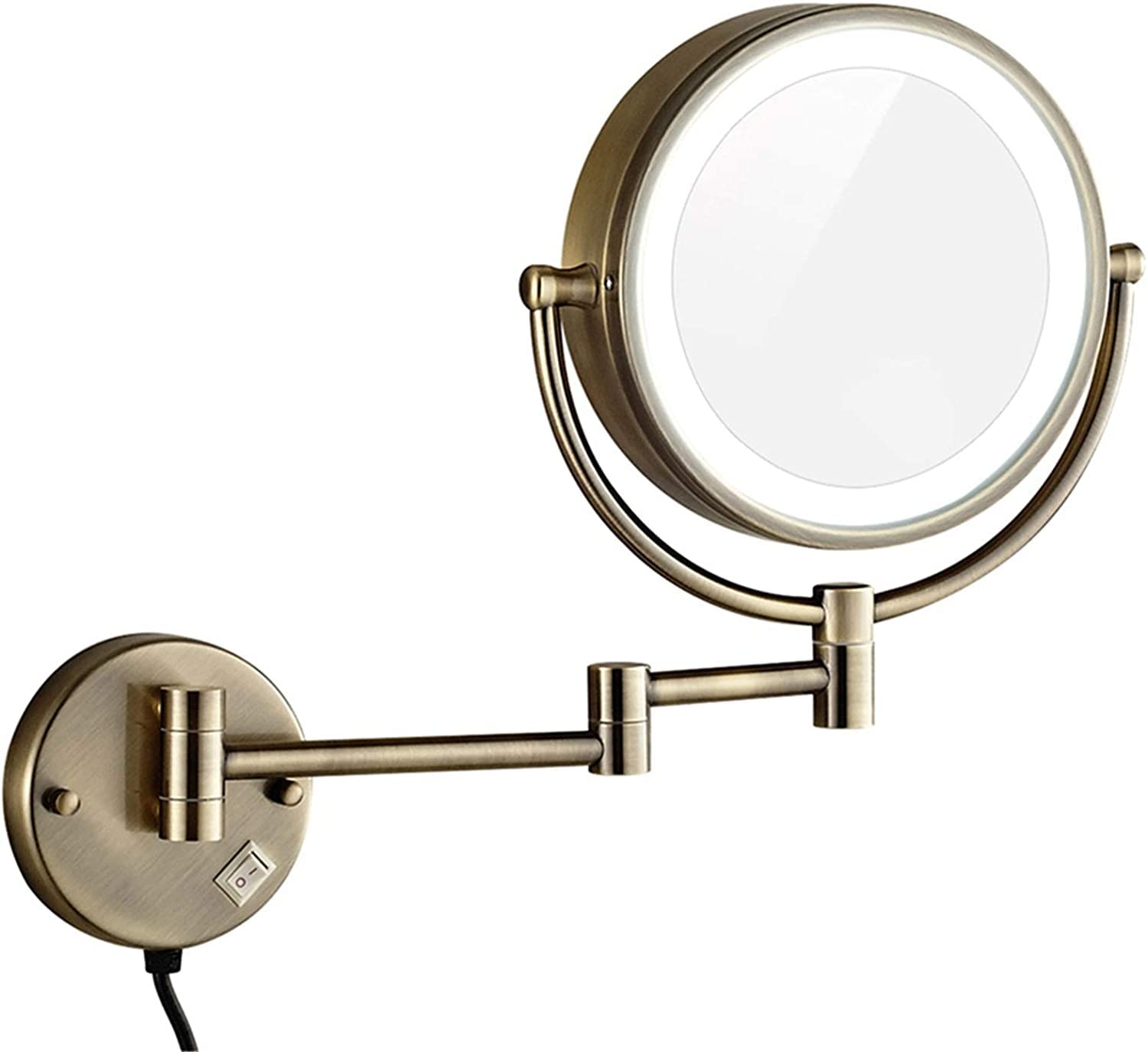 8 Inch LED Makeup Mirror with Lights - 5X Magnification, 360° Swivel & Extendable, Double-Sided Brass Vanity Mirror for Bathroom & Dressing Room - Bronze Finish, Wall Mounted with Switch - Perfect for Makeup Application, Skincare Routine & Grooming
