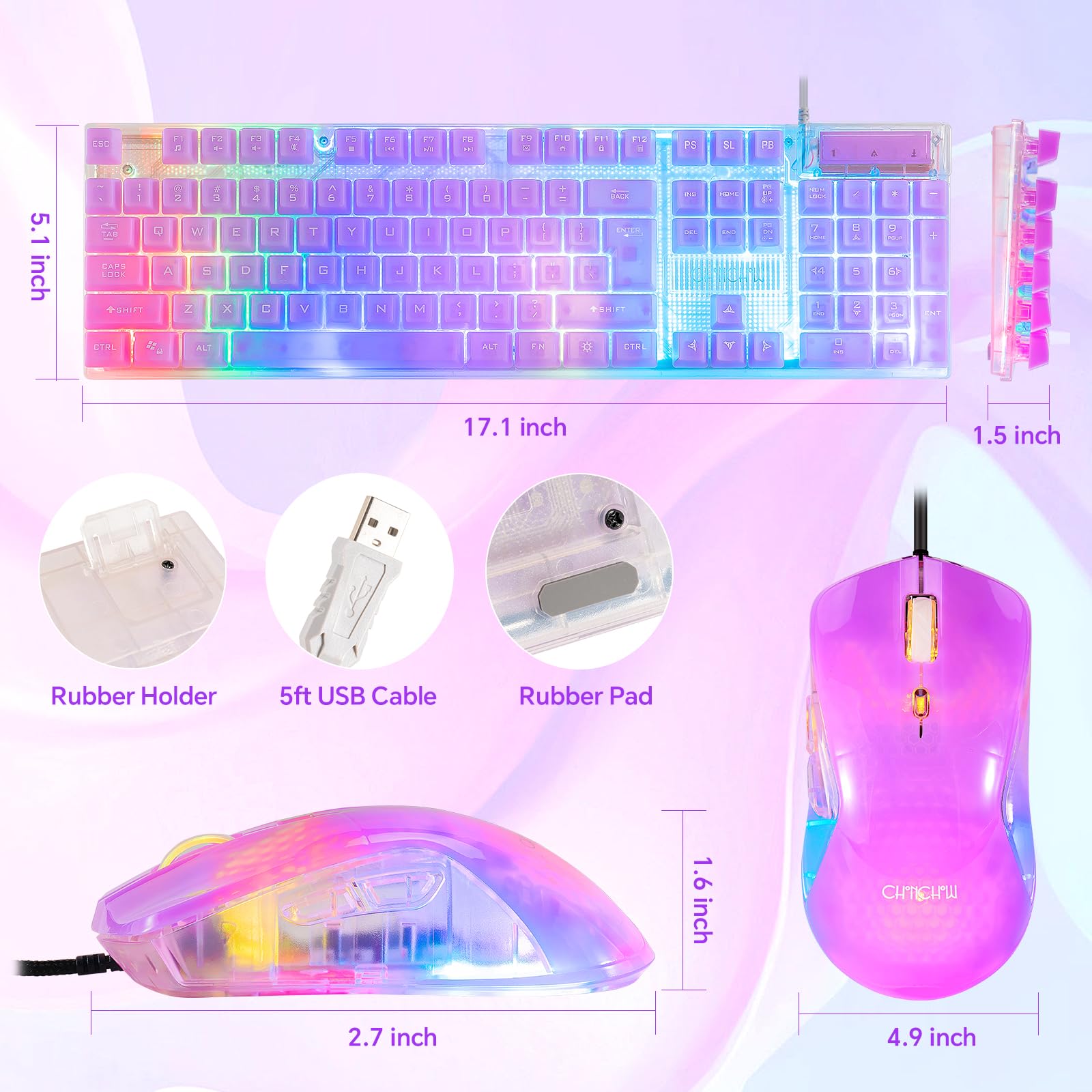 RGB Gaming Keyboard & Mouse Combo - USB Wired Transparent with Rainbow LED for PC/PS4/Xbox - Perfect for Competitive Gaming