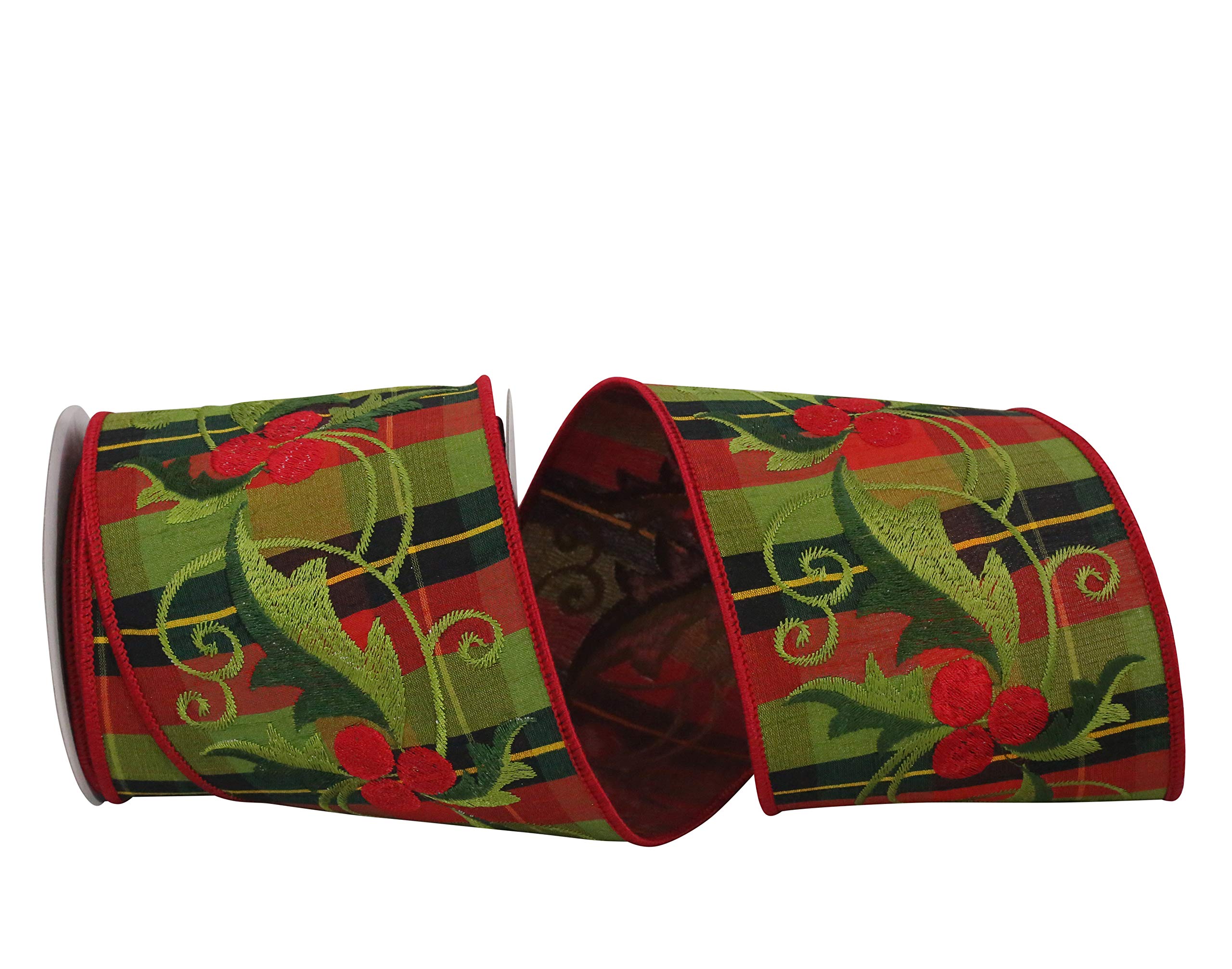 Reliant 4 Inch x 5 Yards Embroidered Holly Dupione Plaid Wired Edge Ribbon - Red and Green Christmas Decoration for Gift Wrapping, Tree Trimming & Holiday Crafts