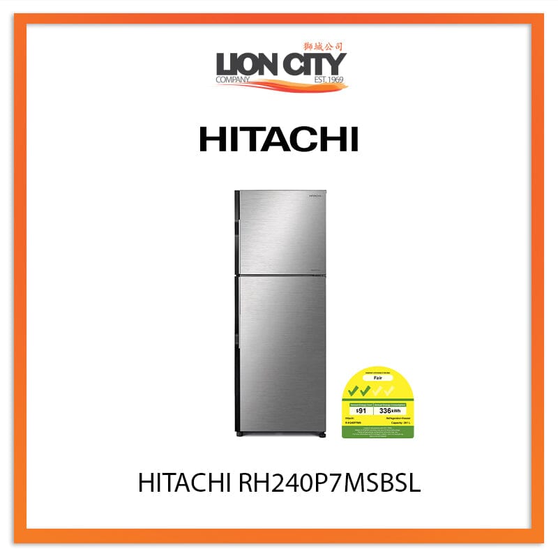 Hitachi 203L 2 Door Refrigerator RH240P7MSBSL - Energy Efficient Compact Fridge for Small Apartments, Dorms & Offices