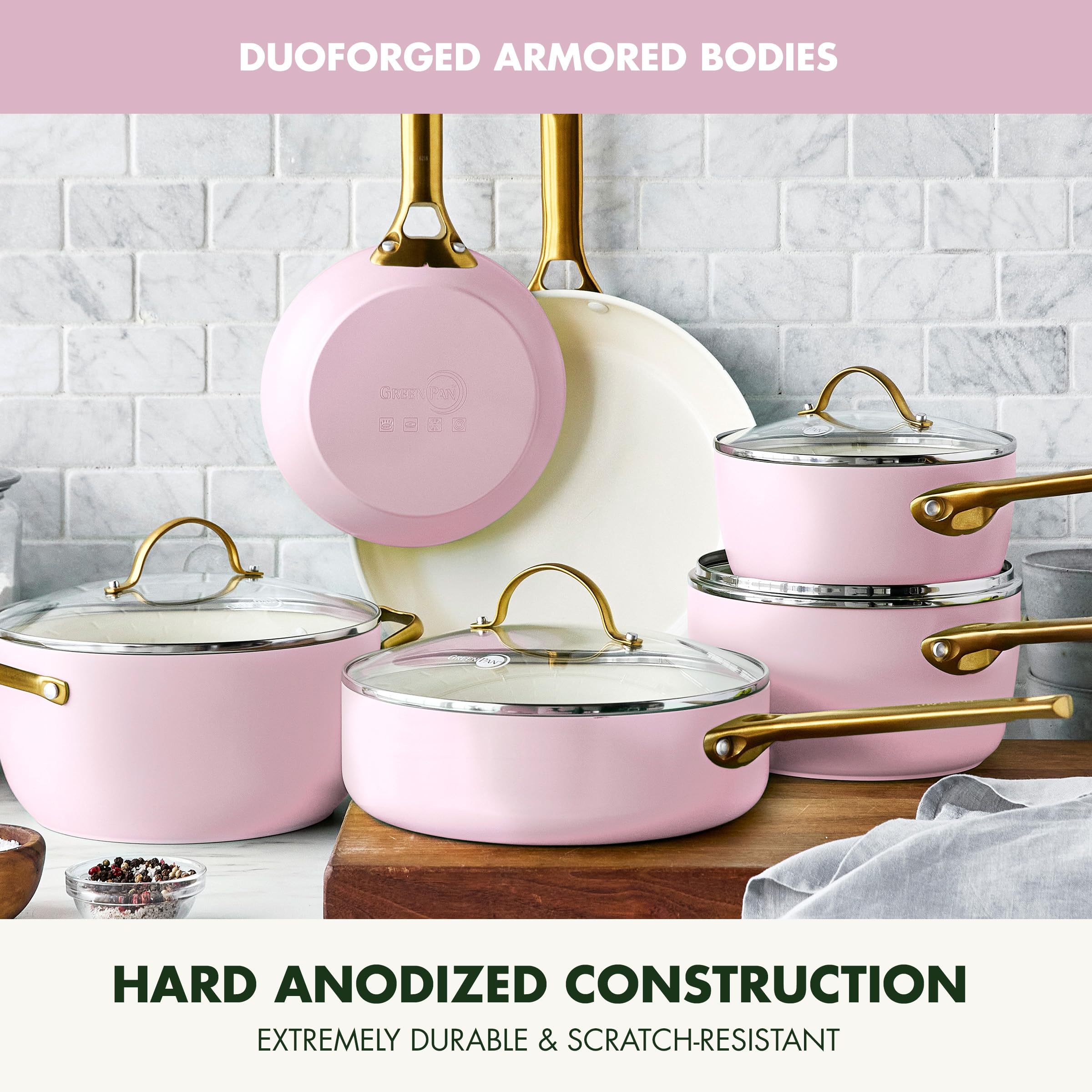 GreenPan Reserve Hard Anodized 10-Piece Non-Toxic Ceramic Cookware Set - PFAS-Free, Dishwasher & Oven Safe (350°F), Gold Handles, Blush Pink - Perfect for Healthy Cooking, Frying, Baking & Family Meals