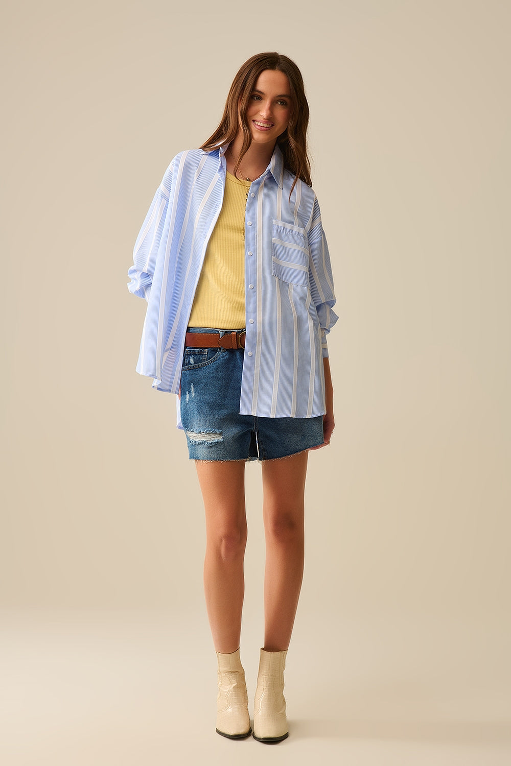 Blue and White Striped Casual Tie-Back Shirt for Women - Perfect for Summer Outings, Beach Vacations, and Casual Office Wear