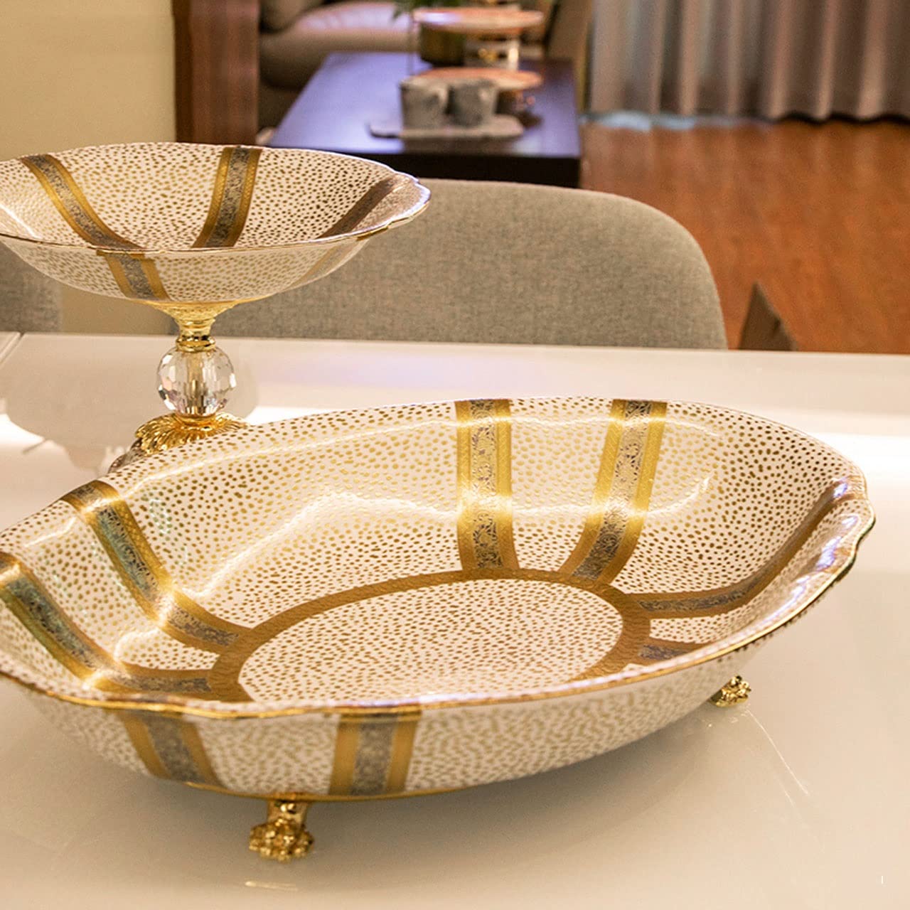 Ceramic Brass Fruit Trays & Platters - Elegant Table Centerpiece Bowls for Snacks, Food Serving Display Plates - Perfect for Living Room Coffee Table Decor & Party Serving