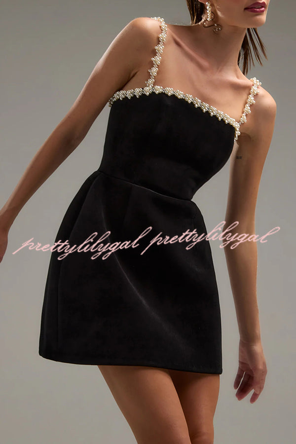 Elegant Sweet Poetry Velvet Mini Dress with Pearl Trim & Pockets | Tulip Hem Style for Parties, Dates & Special Occasions