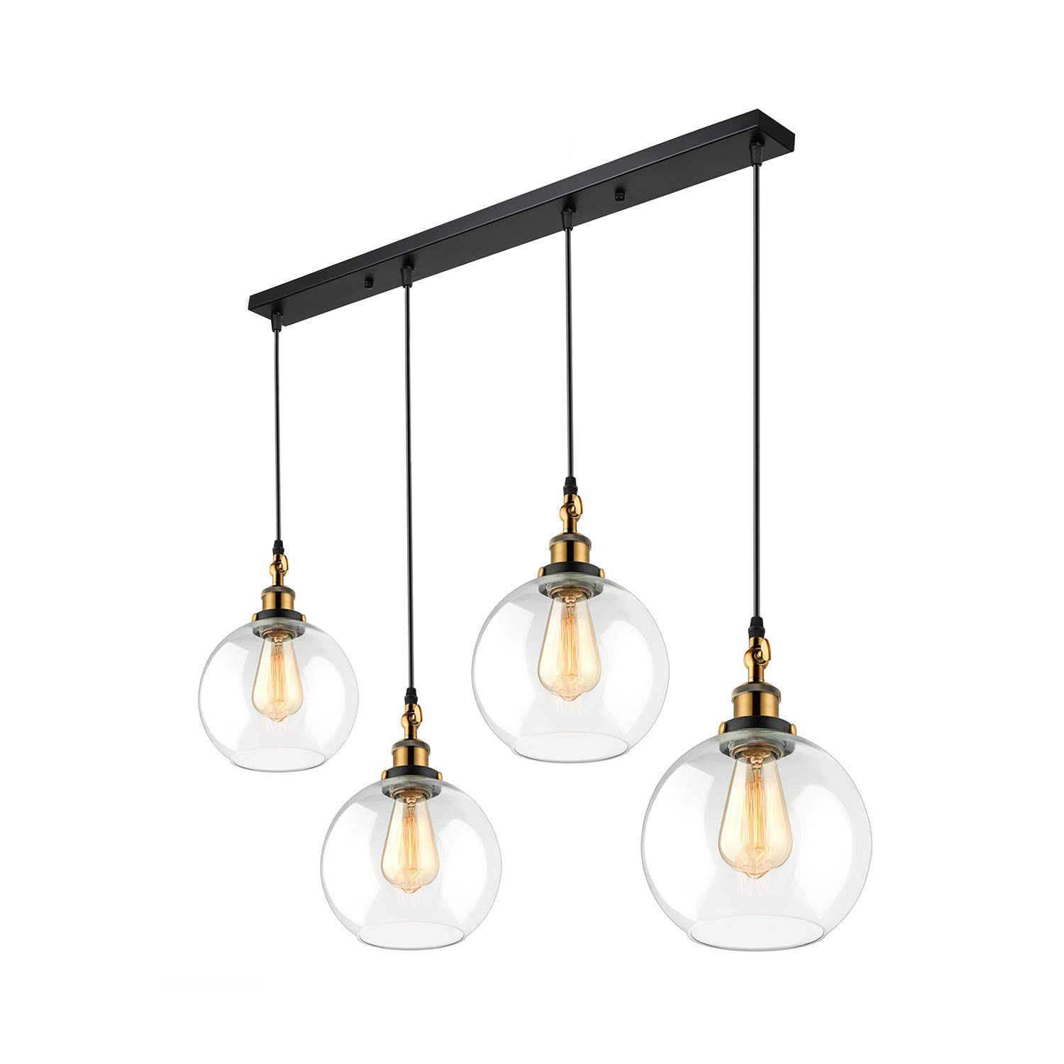 XINDAR 4-Light Industrial Linear Chandelier - Clear Glass Hanging Pendant Lighting for Kitchen Island with Antique Brass & Black Finish - Perfect for Modern Farmhouse, Industrial & Contemporary Dining Rooms