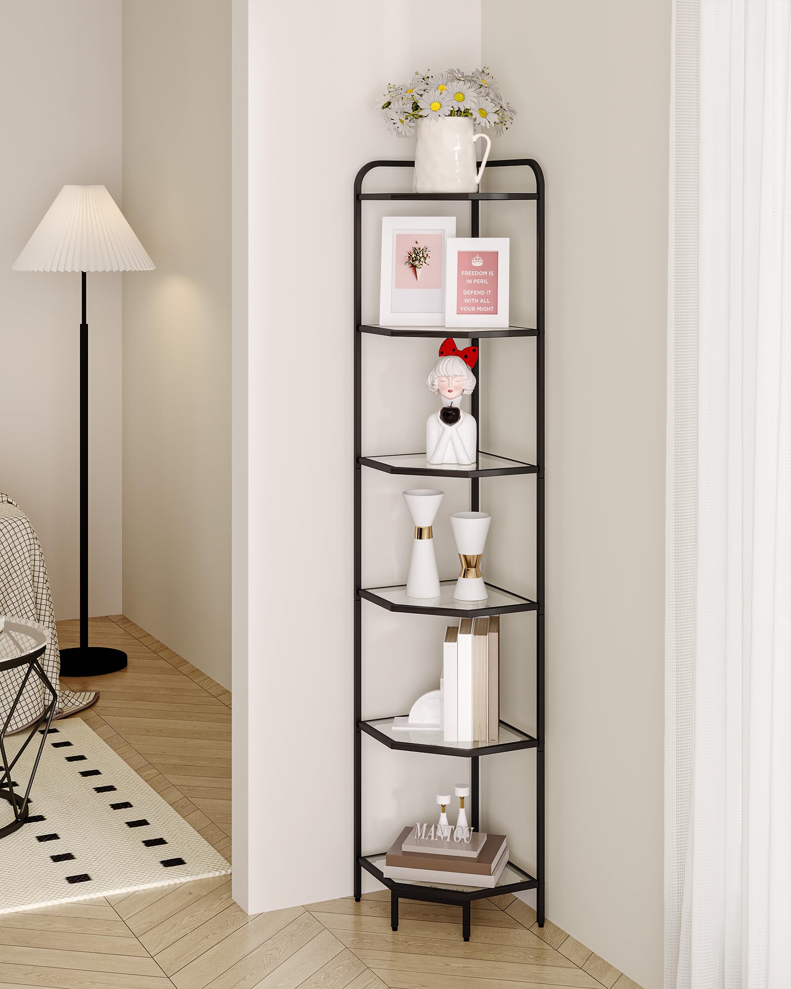 6-Tier Black Corner Shelf Stand - Modern Steel Frame & Tempered Glass Bookcase for Living Room, Bathroom, Kitchen | Space-Saving Organizer for Books, Plants, Bath Essentials & Decor | Perfect for Small Spaces & Home Organization
