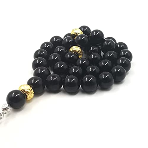 Natural Black Onyx 33 Beads Tasbih Bracelet for Men - 14mm Agate Beads with Golden Spacer Beads - Islamic Misbaha Prayer Accessory - Perfect for Daily Wear, Meditation & Spiritual Practice
