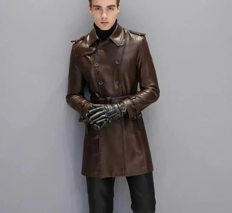 Premium Men's Genuine Leather Trench Coat - Classic Long Waterproof Windbreaker for Business, Dating & Outdoor Activities