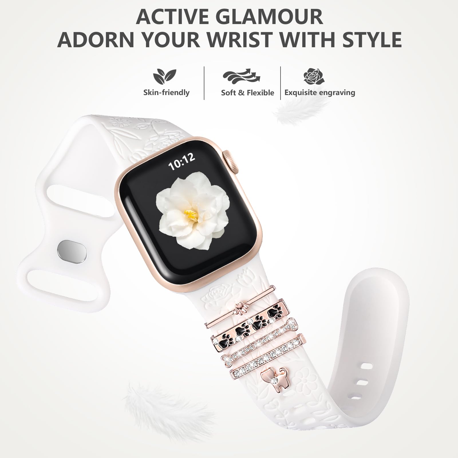 DaQin Floral Engraved Apple Watch Band - Soft Silicone Strap with Charms for Women - Compatible with iWatch Series 9/8/7/6/5/4/3/2/1/SE (38mm/40mm/41mm/42mm/44mm/45mm) - Perfect for Workouts, Office Wear & Fashion Accessories