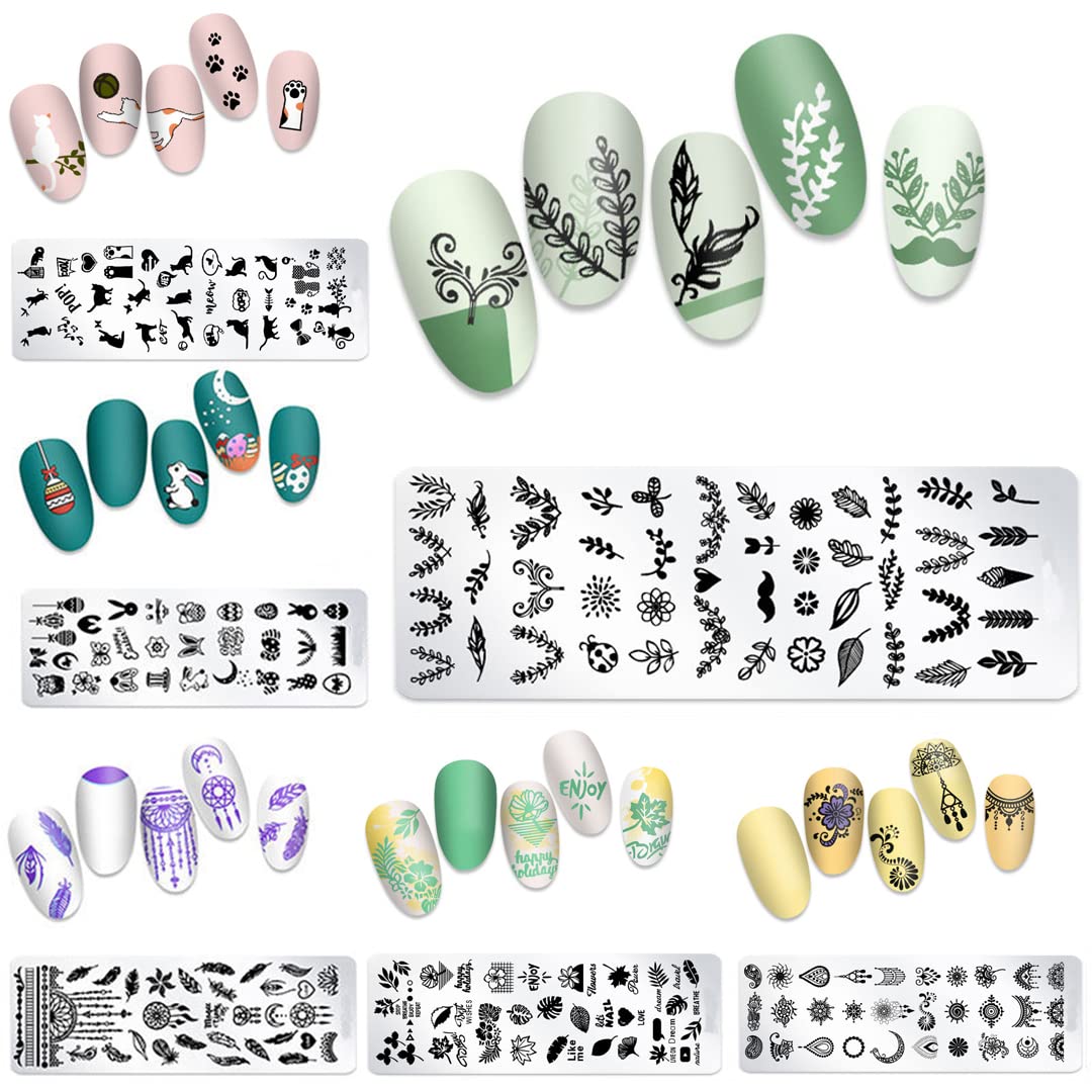 Cat & Easter Flower Nail Art Stamping Plates Set - 9 Unique Designs with Silicone Manicure Stamper & Scraper - DIY Nail Stencils for Women - Perfect for Home Manicures, Parties & Gift Giving