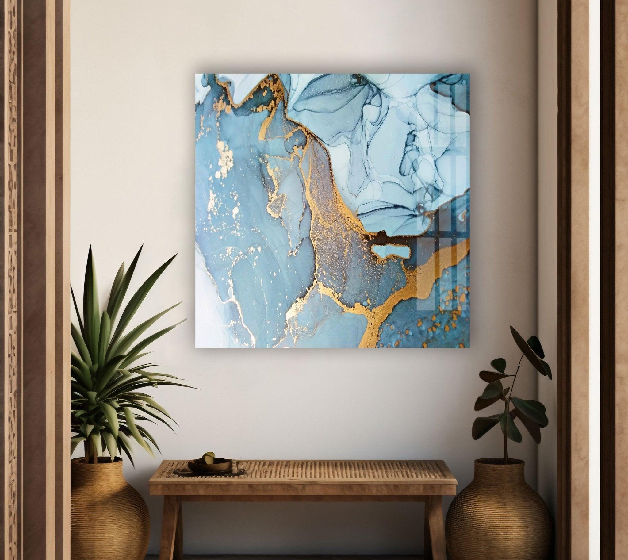 Handmade Aquamarine Alcohol Ink Stained Glass Wall Art - Blue Ocean Themed Abstract Painting for Home & Office Decor
