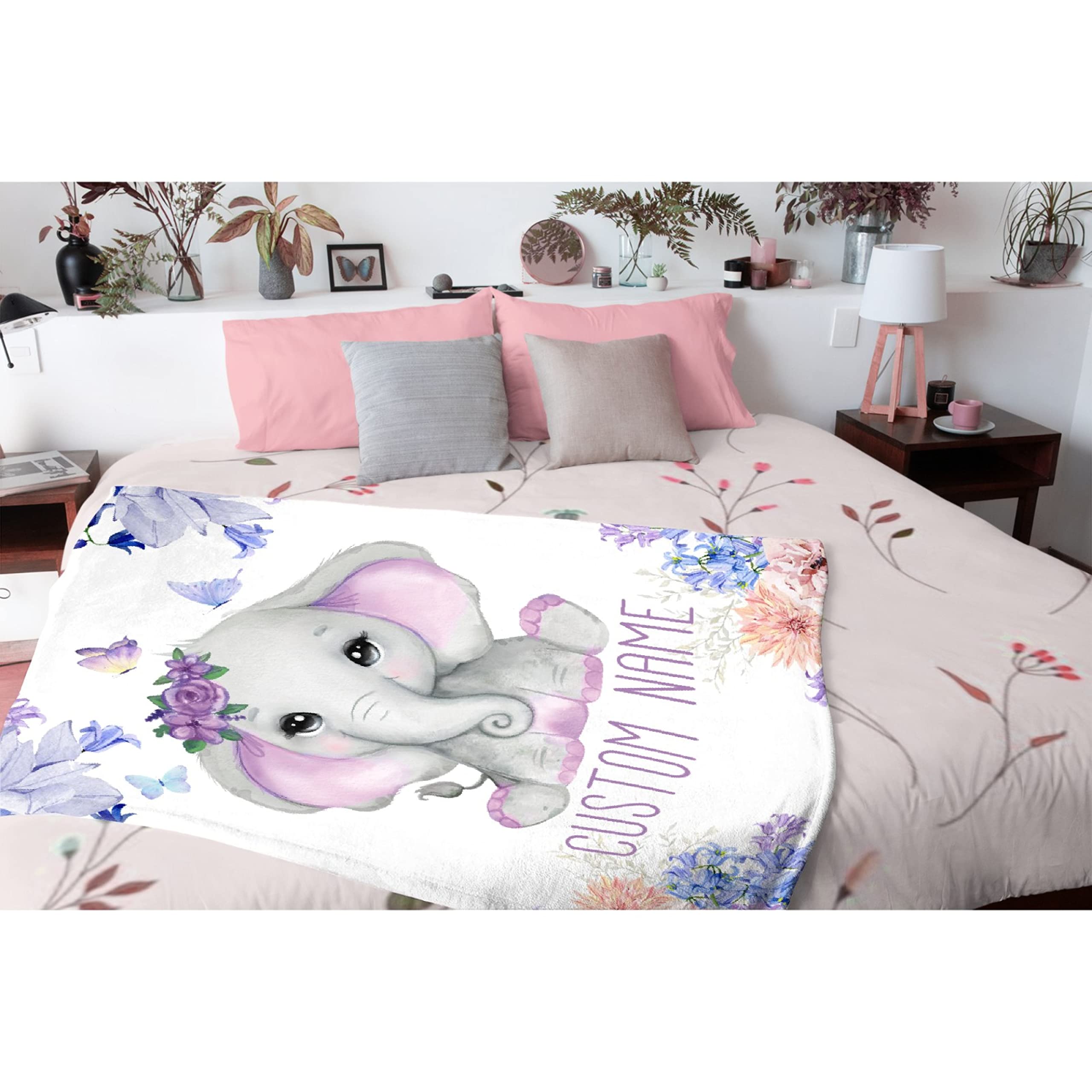 Personalized Baby Blanket with Name - Purple Floral Elephant Design Custom Fleece Blanket for Girls & Boys | Soft 120x90 Inch Baby Shower Gift for Daughter, Granddaughter, Niece | Perfect for Nursery, Cuddling & Family Keepsakes