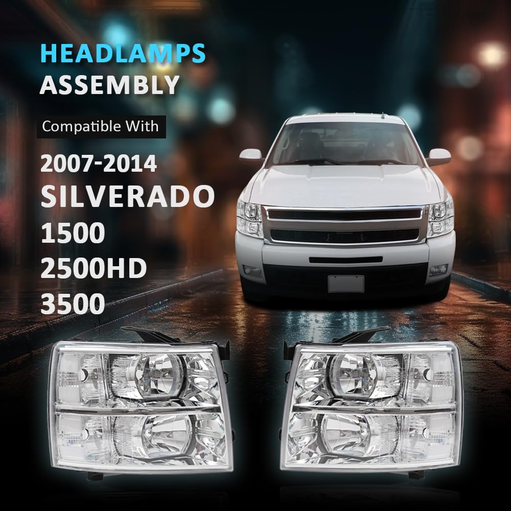 CHEDA Chrome Housing Headlights for 2007-2013 Chevy Silverado 1500/2500/3500 & HD Models - Clear Lens & Reflector - Durable Replacement Headlamp Assembly for Night Driving & Off-Road Use