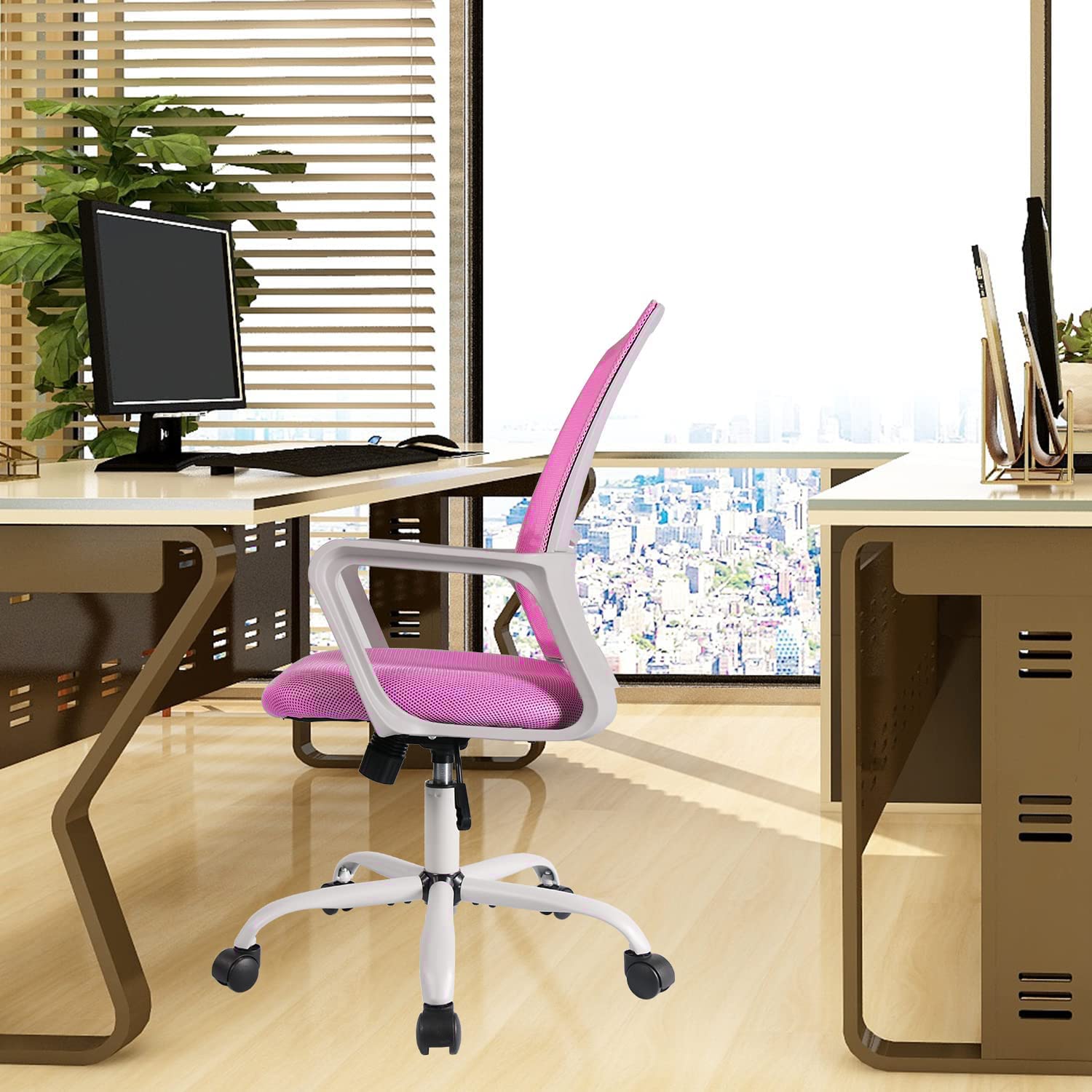 Ergonomic Mesh Office Chair with Adjustable Mid Back - Pink Swivel Rolling Computer Task Chair for Home Office, Gaming & Workspace Comfort