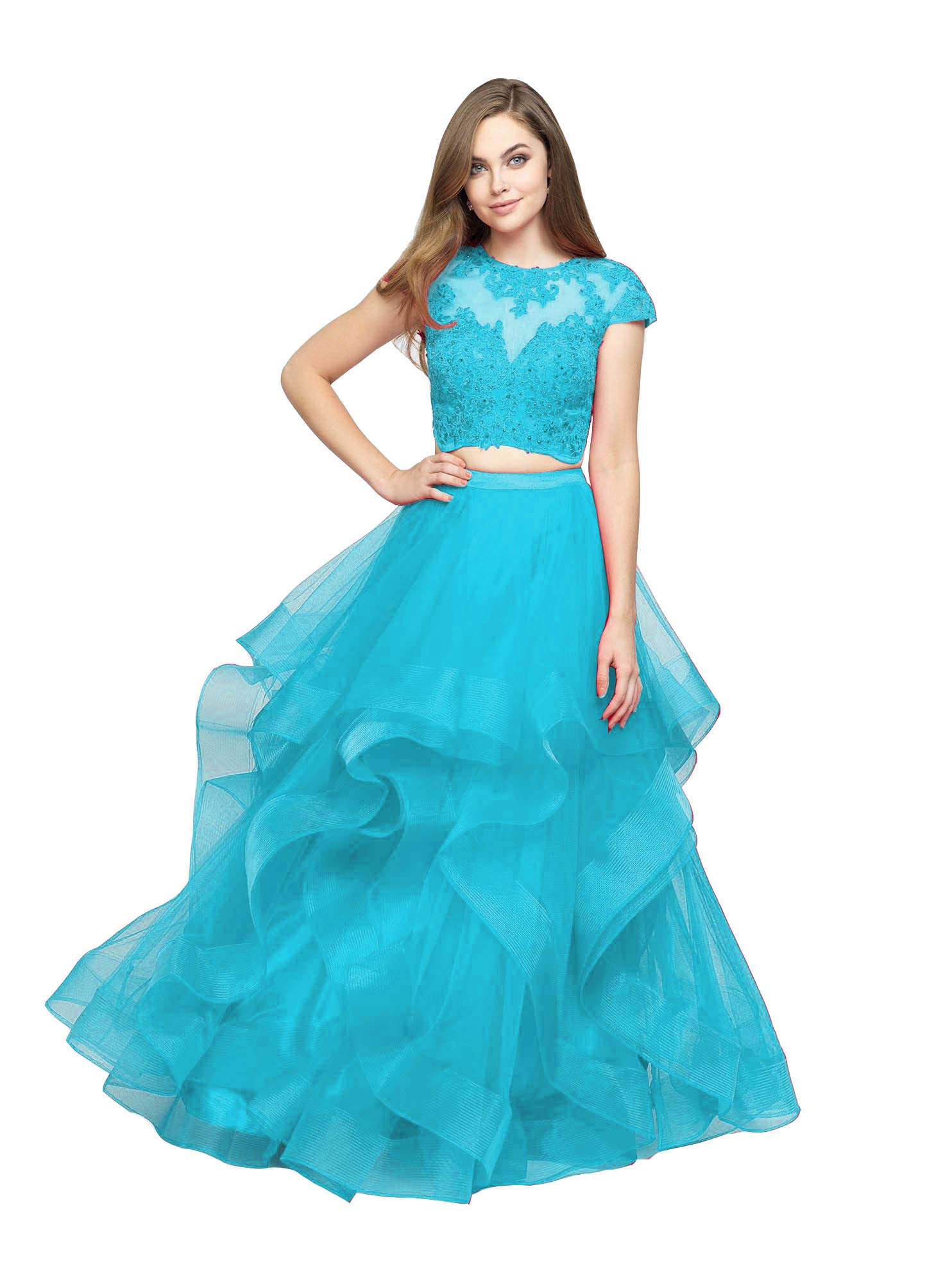 Emanni Women's 2 Piece Prom Dress with Lace Applique - Elegant Quinceanera Dress with Layered Ruffle Organza Skirt - Sweet 16 Ball Gown for Formal Dances, Homecoming, and Special Occasions