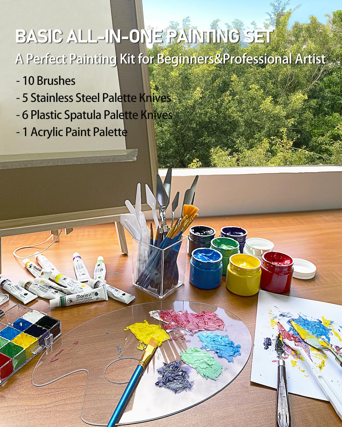 Professional Acrylic Paint Set - 24 Colors Art Painting Kit with 10 Brushes, 5 Stainless Steel & 6 Plastic Palette Knives, Paint Tray - Perfect for Canvas Painting, DIY Crafts & Art Classes (Adults & Kids)