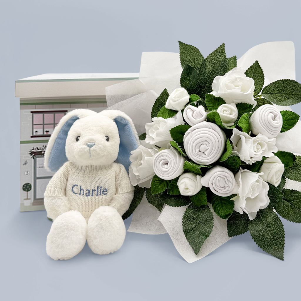 Handmade Baby Clothes Bouquet with Personalized Bunny Plush Toy - Blue | Perfect Baby Shower Gift, Newborn Photo Prop & Nursery Decor