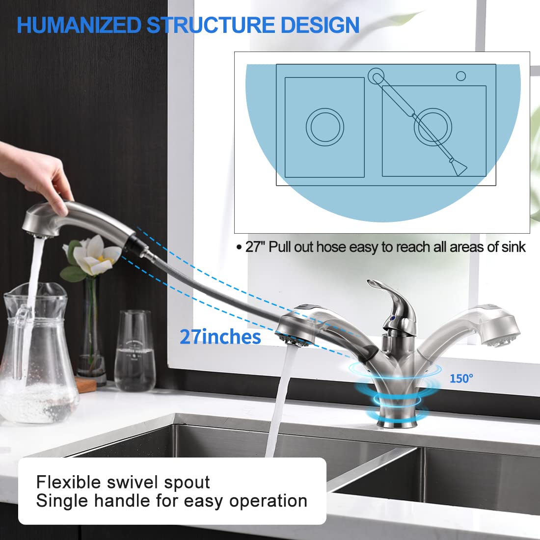 High-Quality Brushed Nickel Pull-Out Sprayer Kitchen Faucet - Single Handle 1-Hole Commercial RV Sink Faucet with 2 Spray Modes & 150° Rotation - Lead-Free Solid Brass Construction - Perfect for Modern Kitchens, Restaurants, and RV Living Spaces