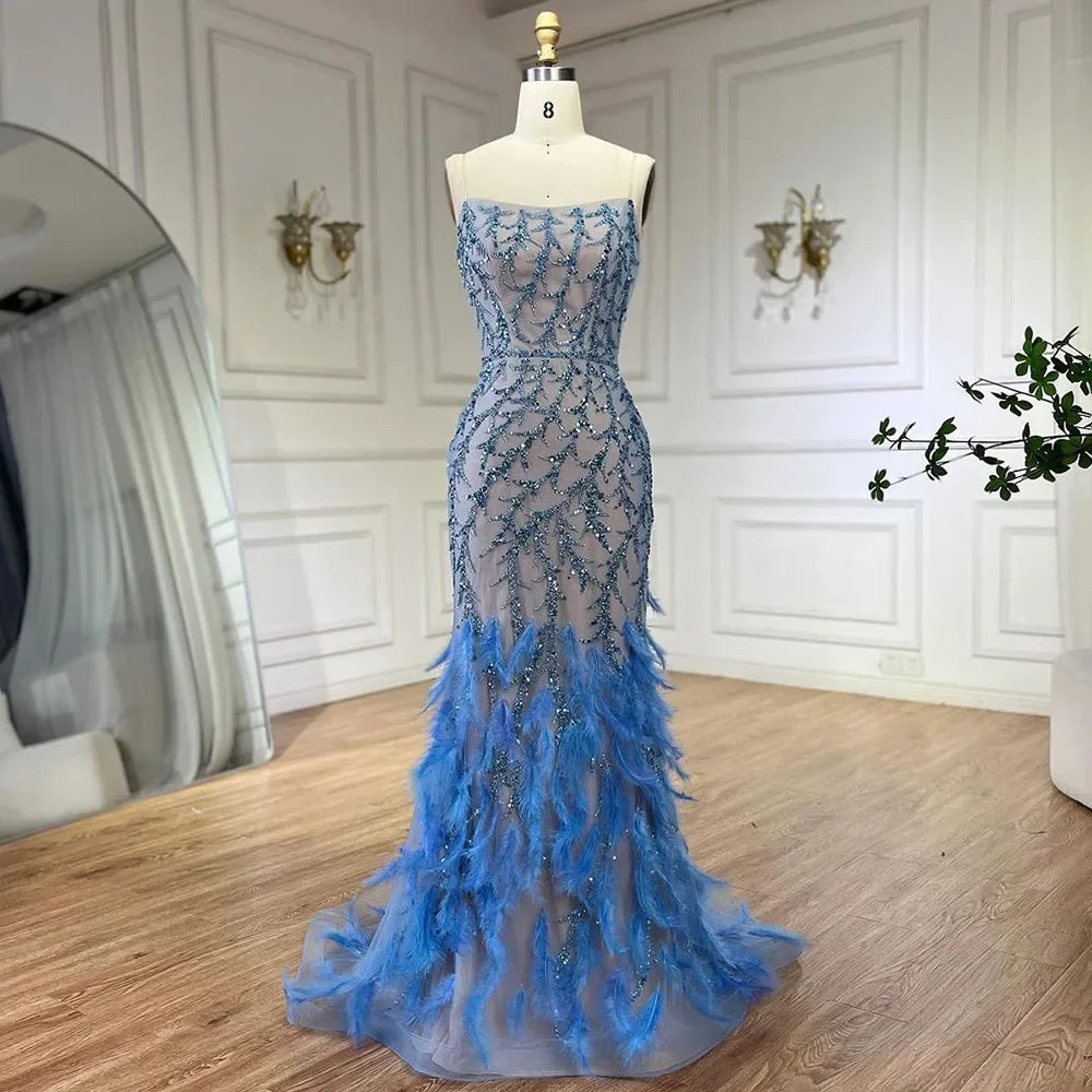 Serene Hill Orange Spaghetti Strap Mermaid Evening Dress with Feathers & Beading - Elegant Women's Formal Gown for Weddings, Parties & Special Occasions | 2025 LA72272