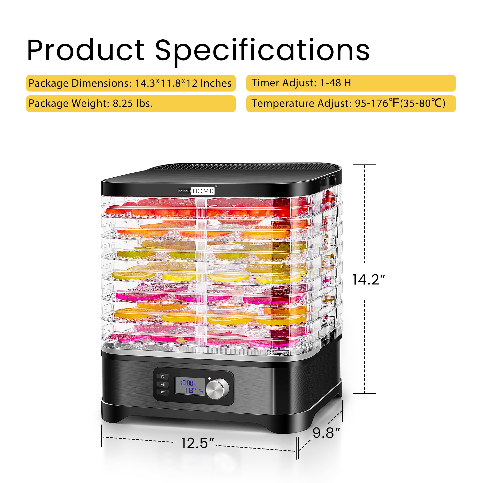 VIVOHOME 400W Electric Food Dehydrator with 8 Trays, 48-Hour Timer & Adjustable Temperature (95-176℉) - BPA Free, Black - Perfect for Drying Fruits, Vegetables, Herbs, and Making Jerky at Home