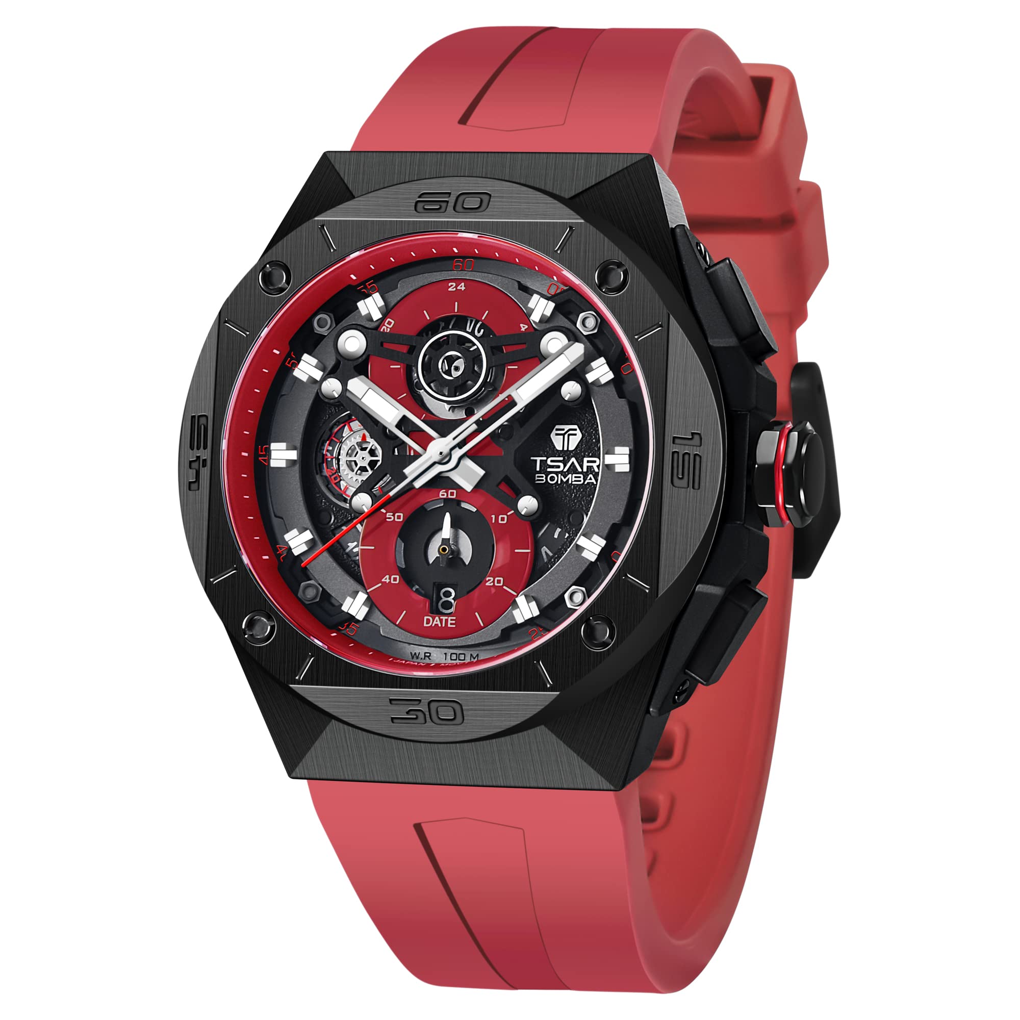 **TSAR BOMBA Men's Luxury Octagonal Watch – 50mm Big Dial, Skeleton Chronograph, 100M Waterproof, Quartz Movement with Date – Premium Sport, Business & Dress Watch for Men (Ideal for Gifts, Formal Events & Outdoor Activities)**