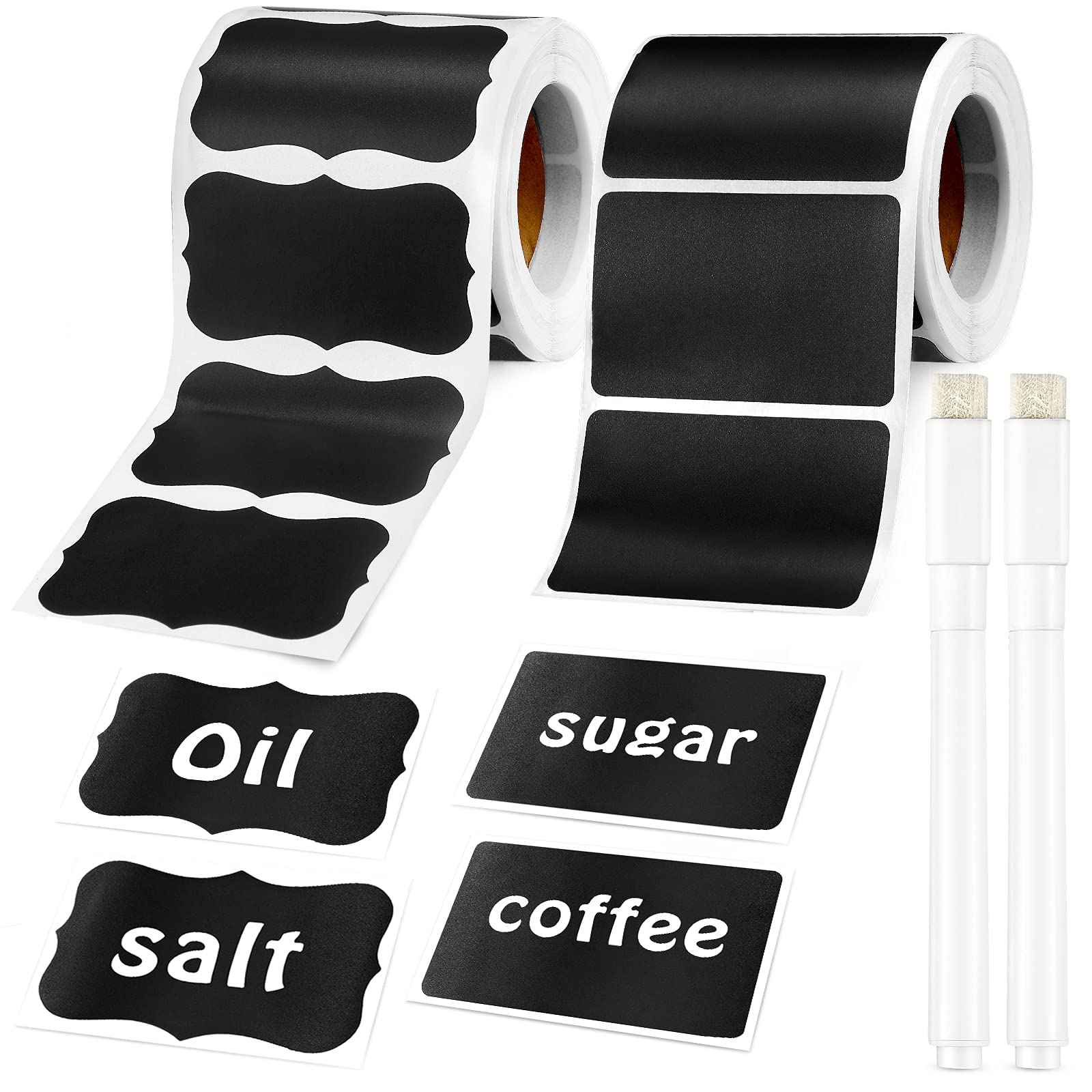 300 Pack Reusable Waterproof Chalkboard Labels Stickers - Includes 2 Liquid Chalk Markers for Jars, Storage Bins, Bottles - Perfect for Crafting, Kitchen Pantry Organization & Office Use (Rectangle & Wave Styles) - Ideal for Home, School and Business Labeling Needs