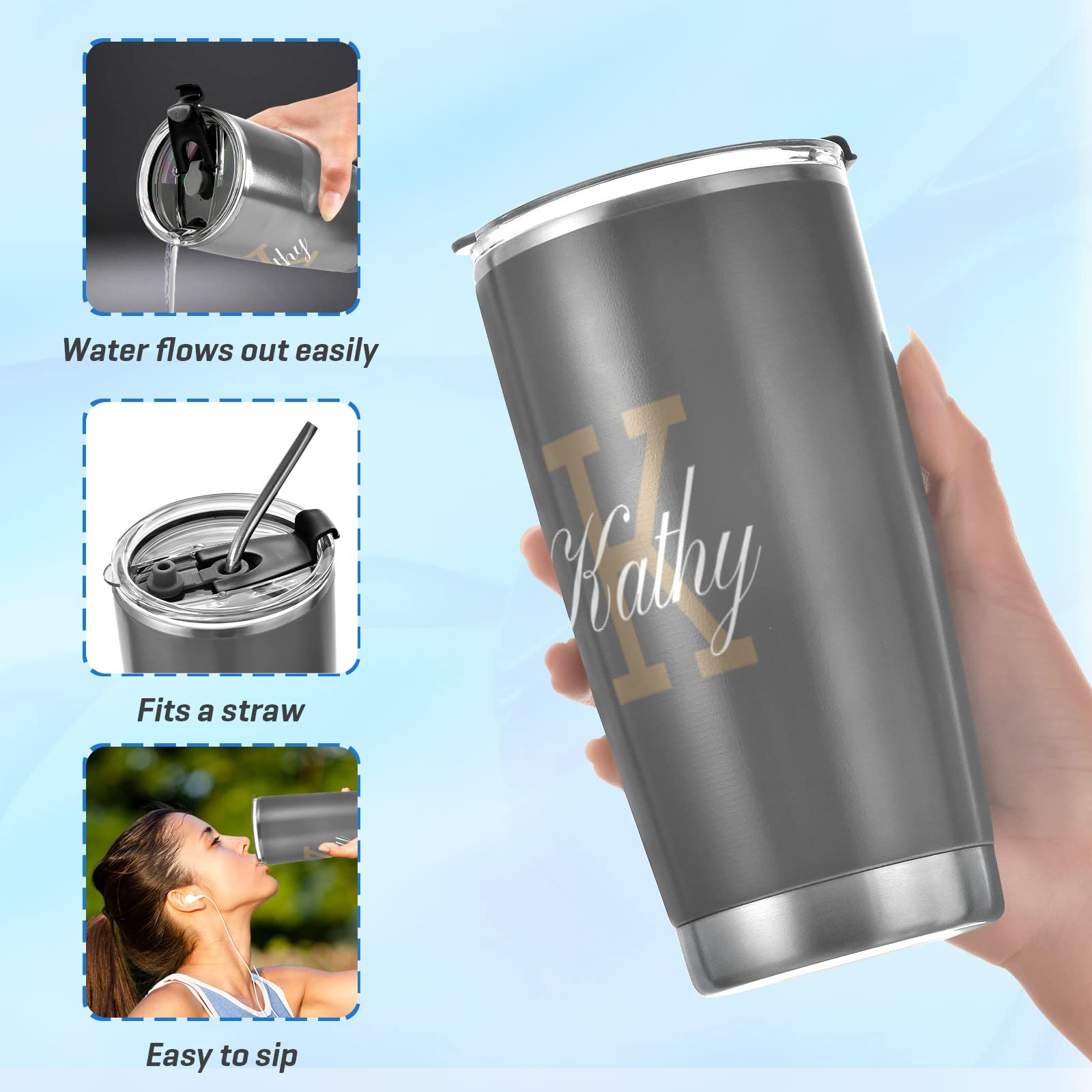 Personalized Monogram & Name Initial 20oz Stainless Steel Tumbler - Vacuum Insulated Double Wall Travel Mug with Lid & Straw - Keeps Drinks Hot/Cold for Hours - Perfect for Office, Gym, Hiking & Outdoor Activities