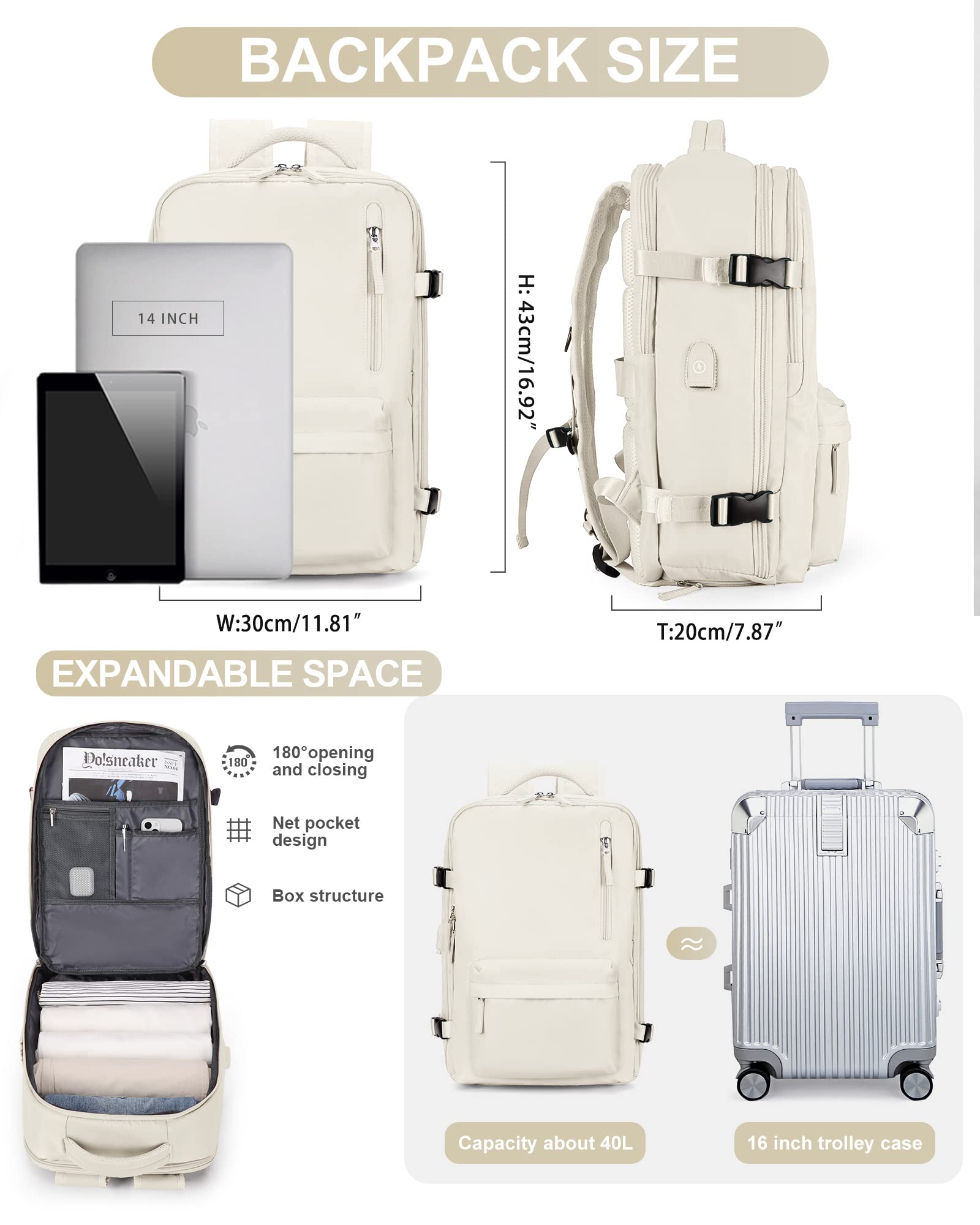 Airline Approved Carry On Backpack for Women & Men - 17 Inch Waterproof Travel Backpack with Laptop Compartment - Perfect for Business Trips, Work Commutes & Weekend Getaways