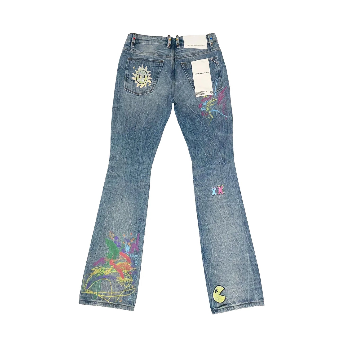 CULT OF INDIVIDUALITY Lenny Bootcut 603 Jeans for Women - Distressed Finn Graffiti Denim Pants, High Waist Slim Fit Jeans | Perfect for Casual Wear, Street Style & Night Out