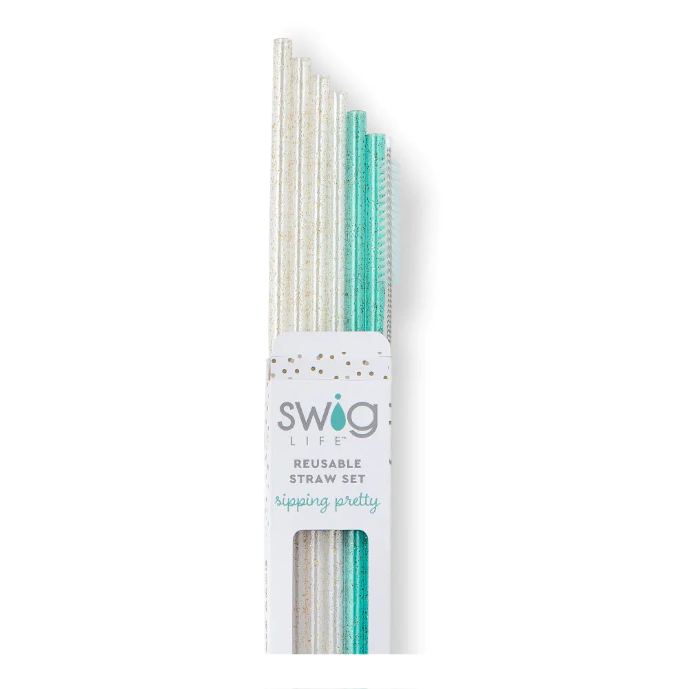 Eco-Friendly Glitter Clear & Aqua Reusable Straw Set - BPA Free, Dishwasher Safe Drinking Straws for Smoothies, Cocktails, and Iced Coffee at Home or Parties