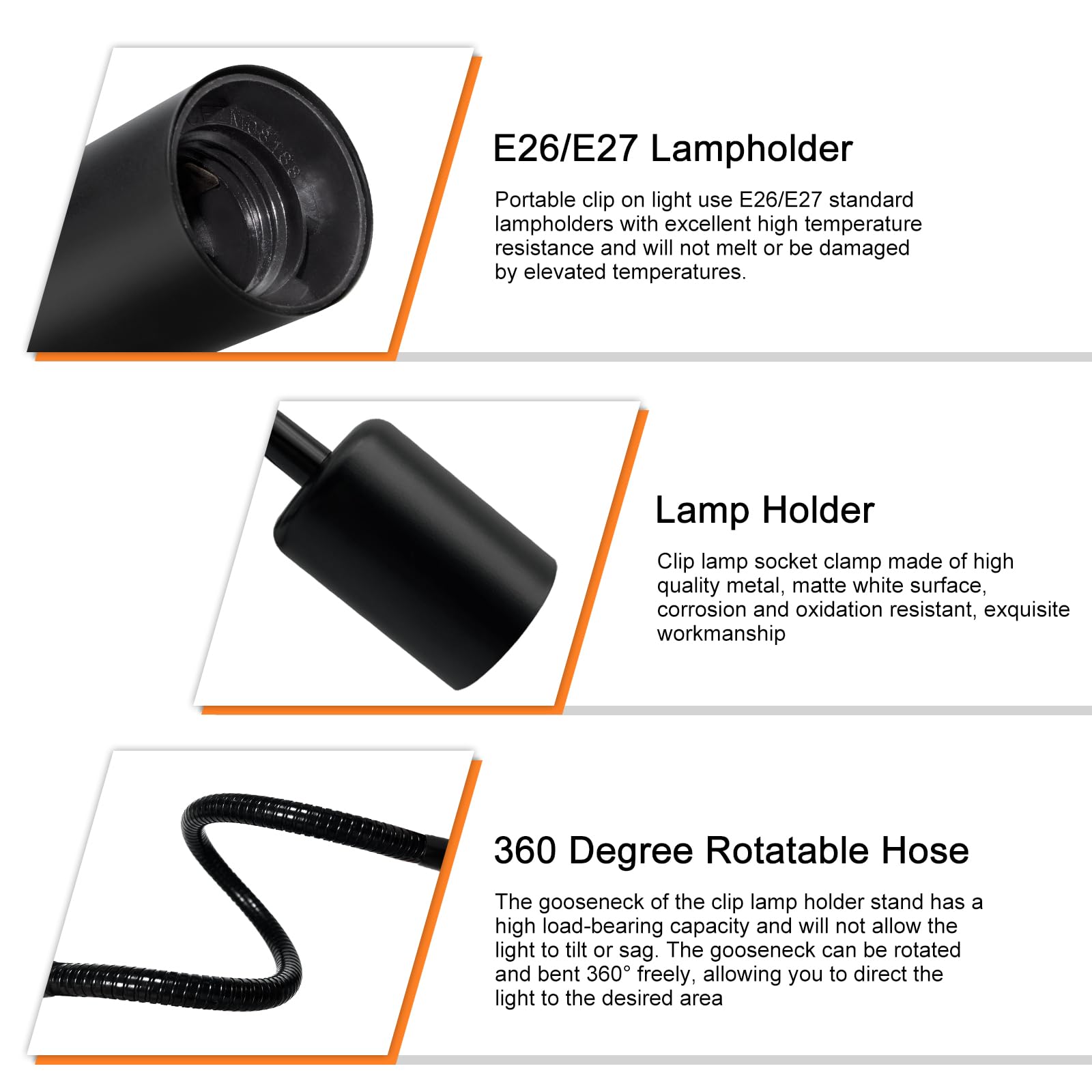 WTETMYL 240CM Cord Clamp Light Socket - E26/E27 Clip Lamp Holder with 360° Flexible Arm & On/Off Switch | Portable Desk Lamp for Home Office, Reading, Plant Growth Lighting (Black)