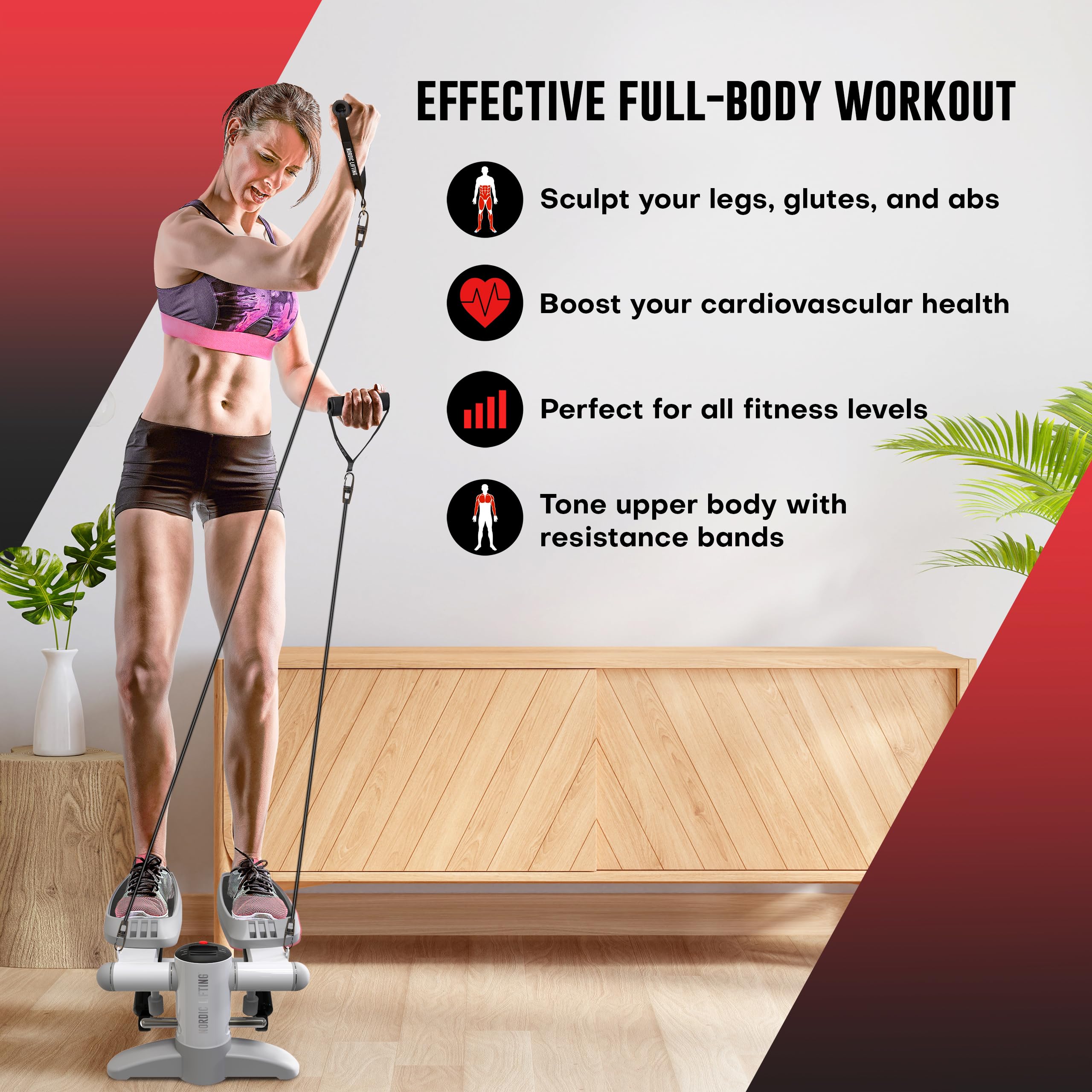 Nordic Lifting Mini Stepper & Stair Climber Machine with Resistance Bands - 330 LBS Weight Capacity, Non-Slip Foot Pads & LCD Monitor - Compact Home Gym Equipment for Cardio Workout, Leg Toning & Full Body Exercise