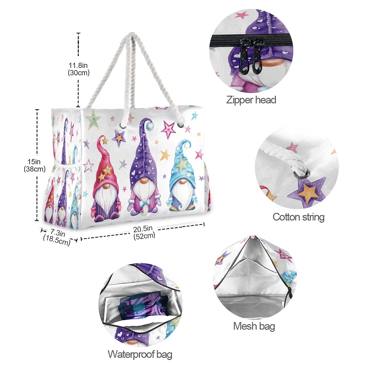 Large Waterproof Beach Tote Bag with Zipper - Magic Gnome & Star Watercolor Design for Women, Perfect for Pool, Gym, Travel & Summer Outings