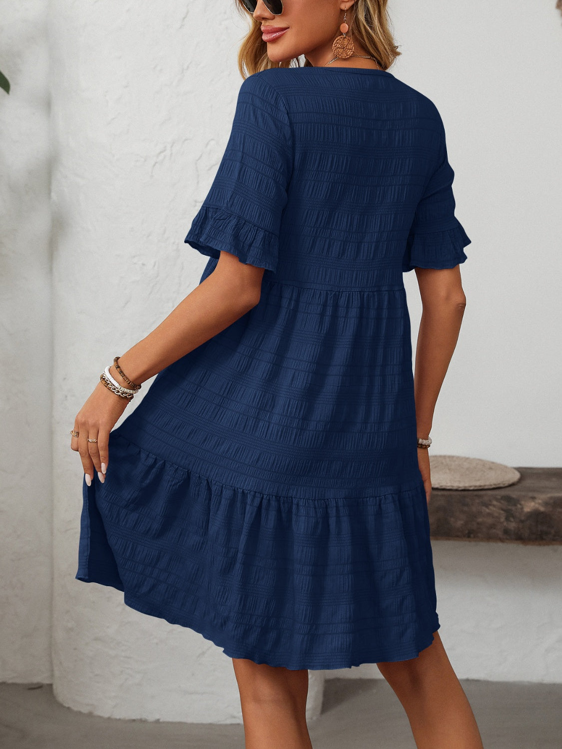 Mandy Women's Ruffled Ruched Round Neck Half Sleeve Casual Dress for Summer, Party, and Date Night