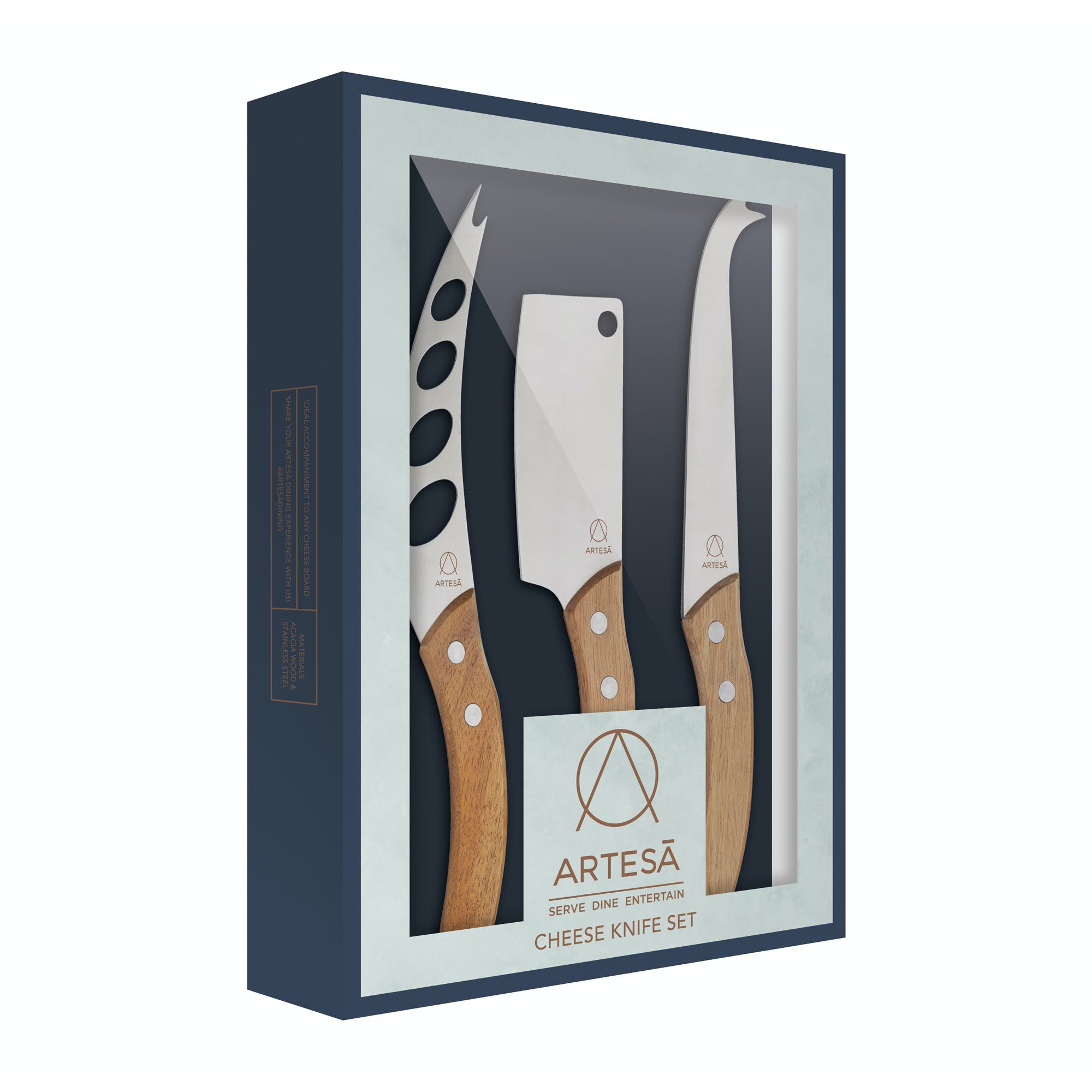Premium Artesa Stainless Steel Cheese Knife Set - 3-Piece Cheese Slicer & Server Kit for Soft, Hard & Semi-Soft Cheeses - Perfect for Charcuterie Boards, Wine Parties & Gourmet Entertaining
