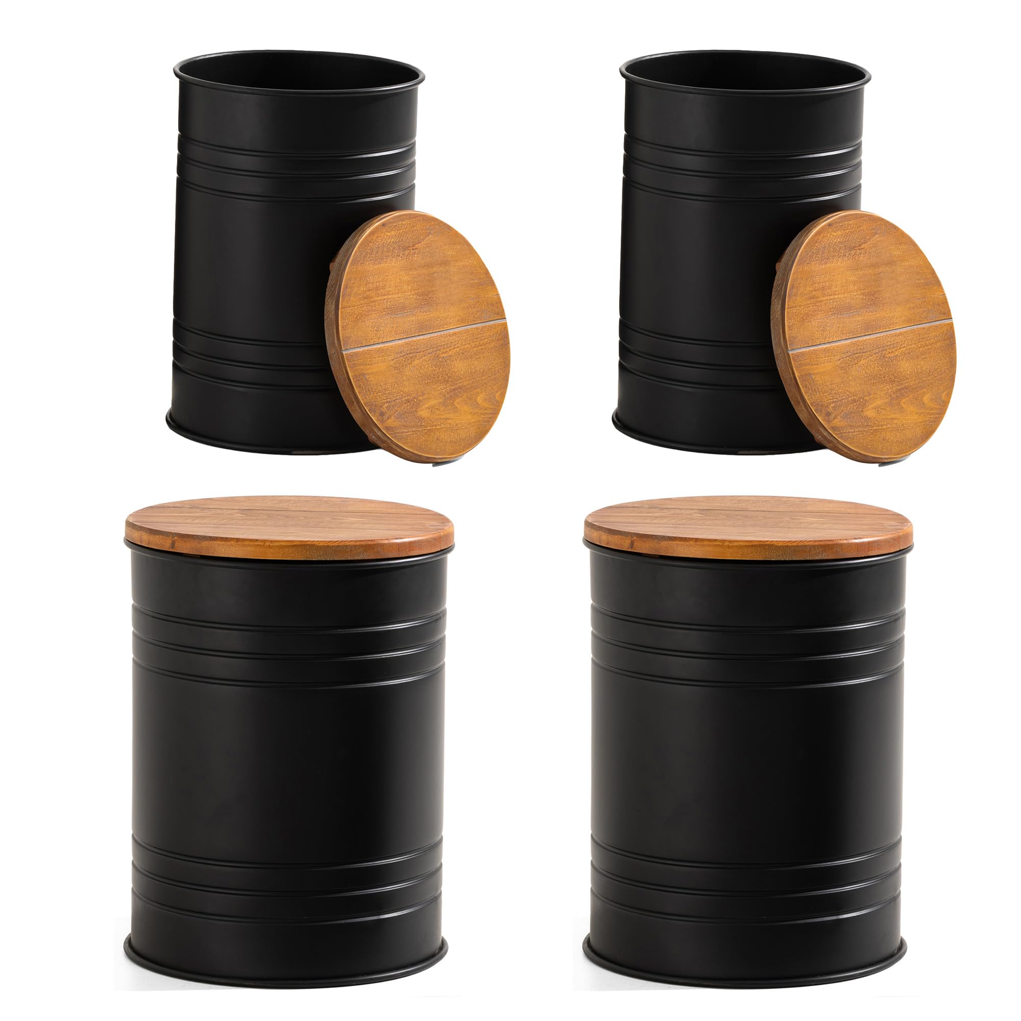 Glitzhome 4-Piece Galvanized Metal Side Table Set with Wood Lids - Rustic Farmhouse Barrel Toy Storage Bins & Ottoman Stool - Large Storage Space for Living Room, Bedroom, Office, Nursery - Black (Perfect for Home Decor, Organization & Extra Seating)