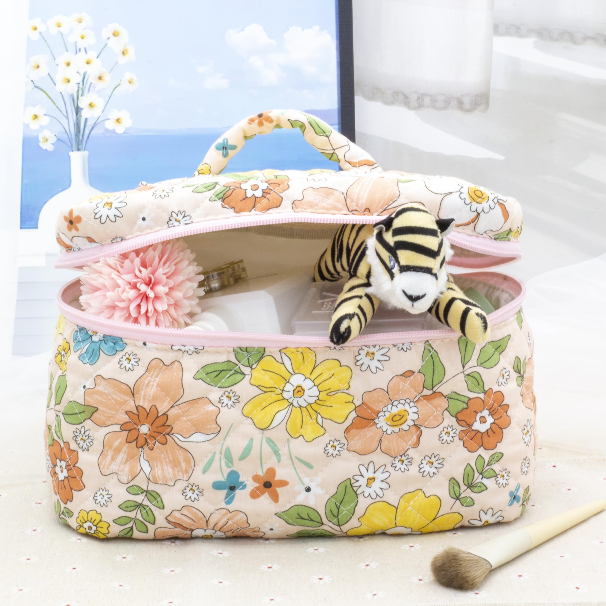 PAZIMIIK Large Quilted Cotton Makeup Bag for Women - Floral Orange Cosmetic Organizer for Travel, Gym & Daily Essentials Storage | Perfect Travel Toiletry Case & Makeup Pouch