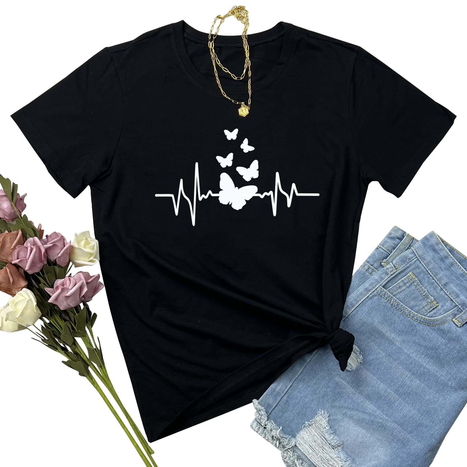 BLACKMYTH Women's Cute Butterfly Graphic Cotton T-Shirt - Casual Summer Outfit, Streetwear Fashion, Gift for Her