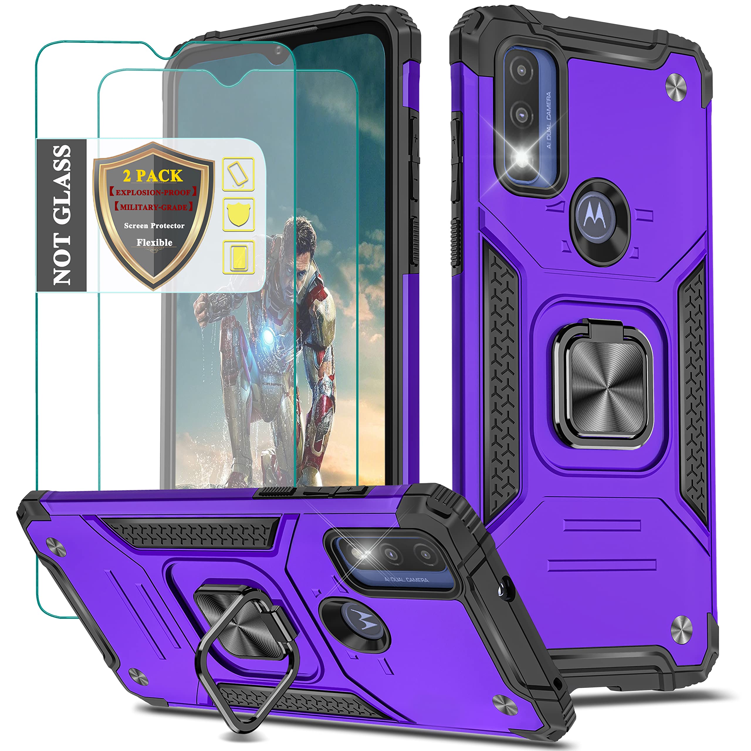 Military-Grade Shockproof Case for Motorola Moto G Pure 2021 [2 Pack] - Rotating Ring Holder & Explosion-Proof Screen Protector | Perfect for Outdoor Activities, Travel & Daily Protection (KK Purple)