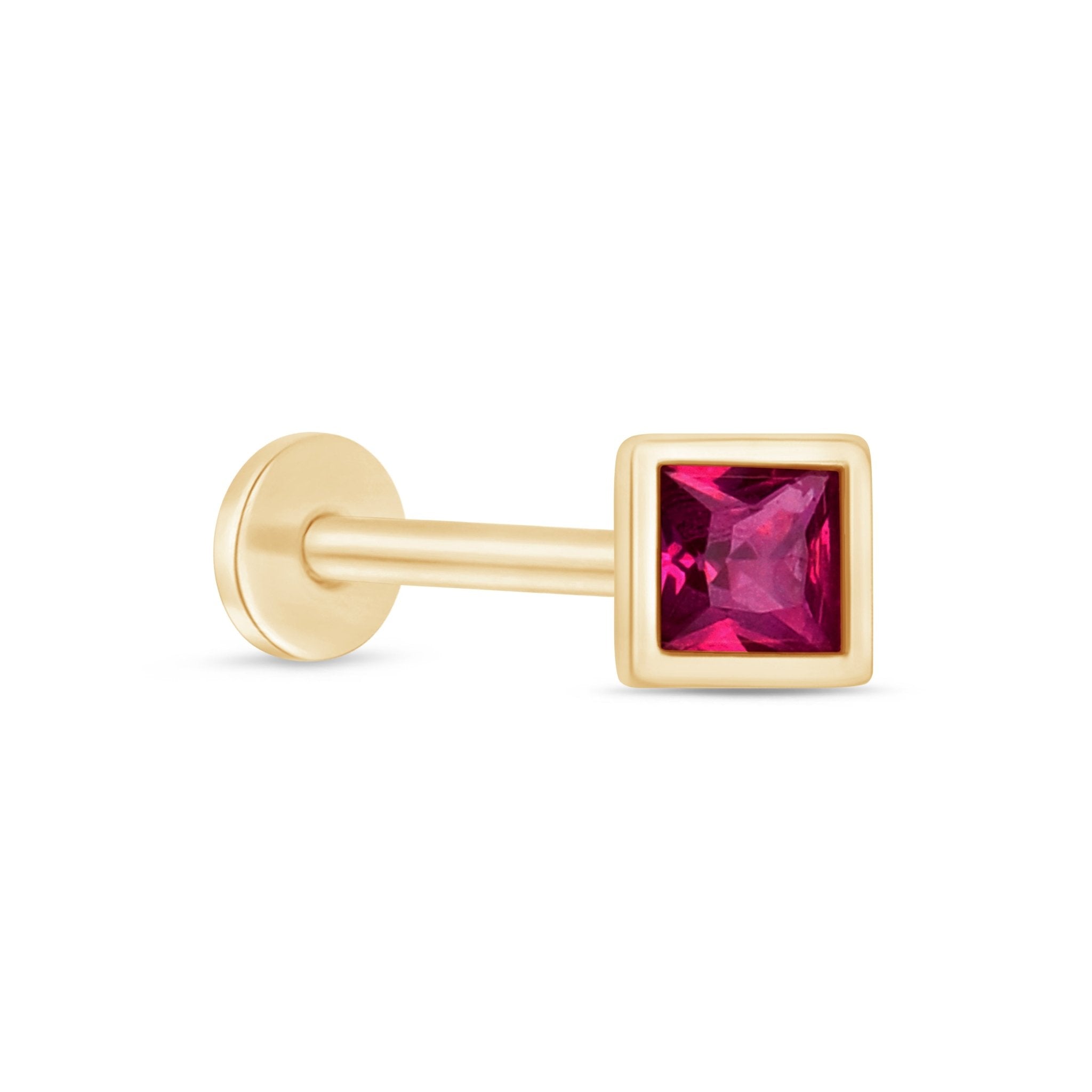 14K Yellow Gold Princess Cut Pink Ruby Stud Earrings - Flat Back Bezel Set for Daily Wear & Special Occasions