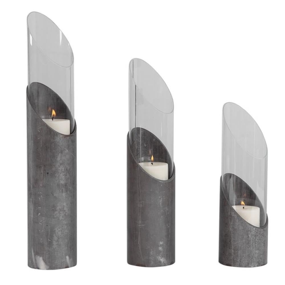 Bowery Hill Raw Iron & Glass Candle Holder Set of 3 - Rustic Home Decor for Dining Table, Wedding Centerpiece, and Farmhouse Decor